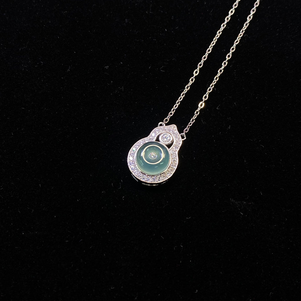 Round Natural Green Jadeite Halo Moissanite Adjustable Thin Silver Pendant Necklace Soft translucent green jade surrounded by sparkling moissanite dainty elegant daily layering chain