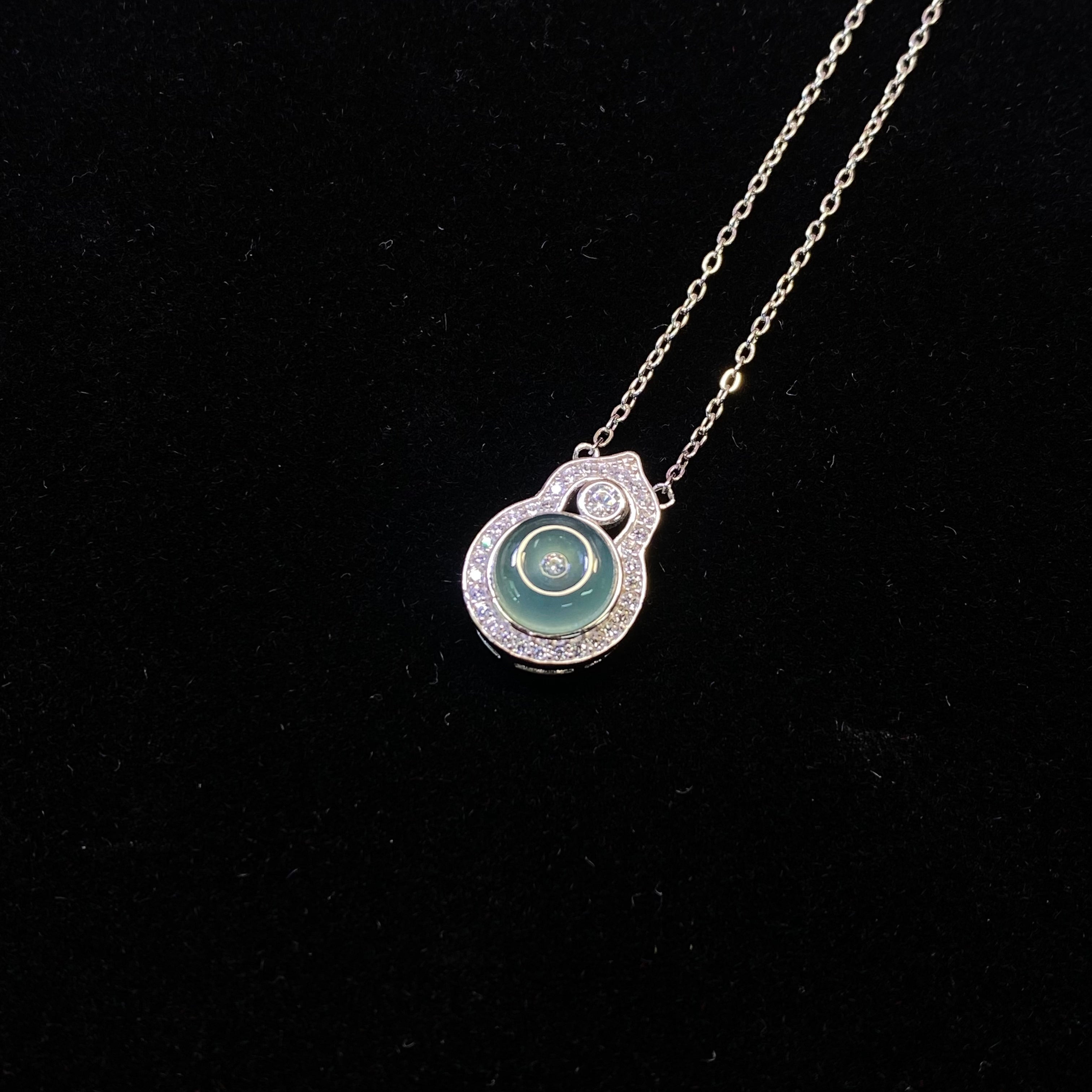 Round Natural Green Jadeite Halo Moissanite Adjustable Thin Silver Pendant Necklace Soft translucent green jade surrounded by sparkling moissanite dainty elegant daily layering chain