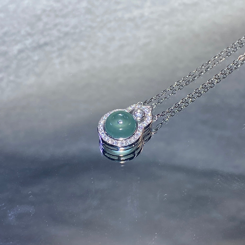 Round Natural Green Jadeite Halo Moissanite Adjustable Thin Silver Pendant Necklace Soft translucent green jade surrounded by sparkling moissanite dainty elegant daily layering chain