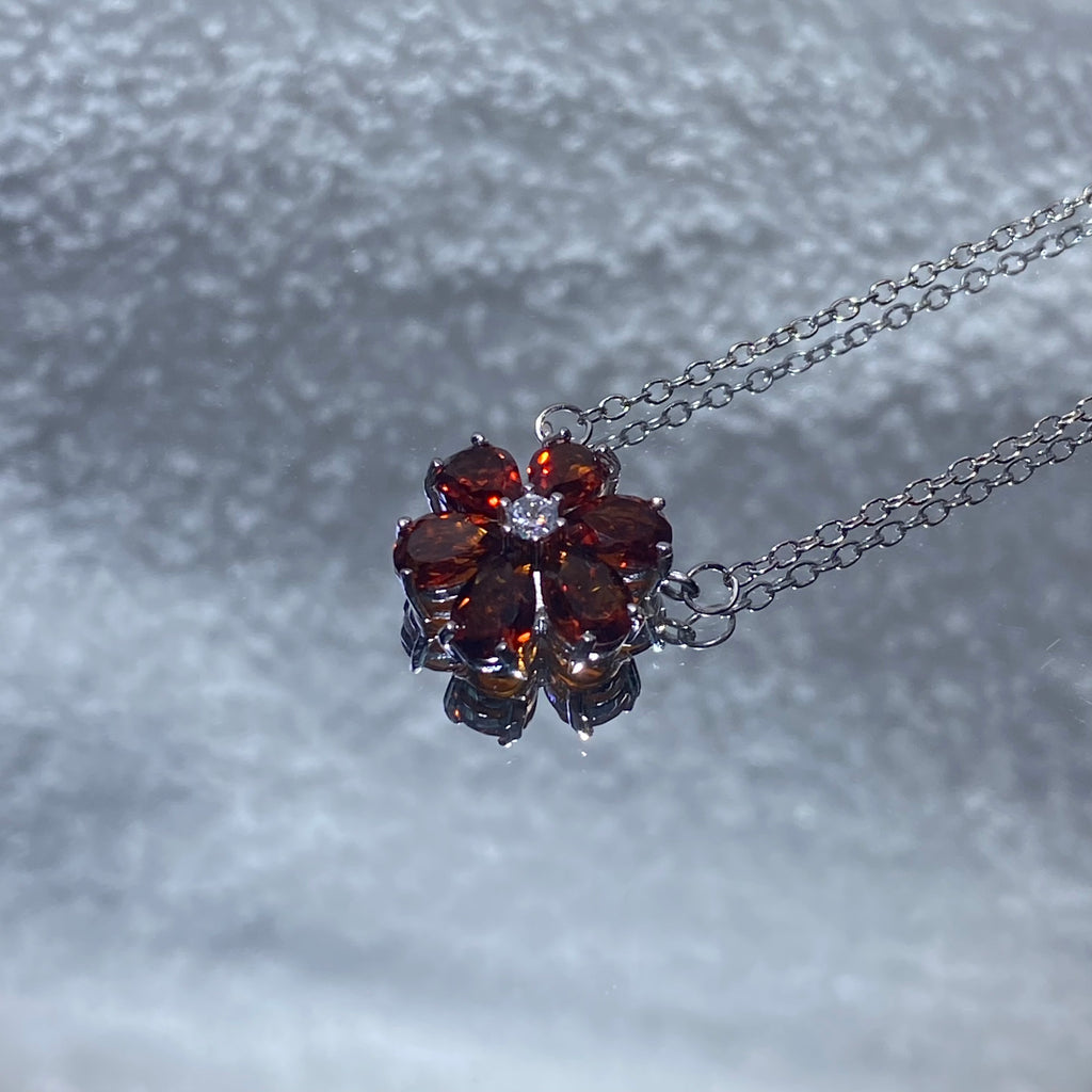 Natural Wine Red Garnet Six-Petal Flower Cluster Adjustable Thin Silver Pendant Necklace Rich deep burgundy garnet floral dainty layering daily collarbone chain