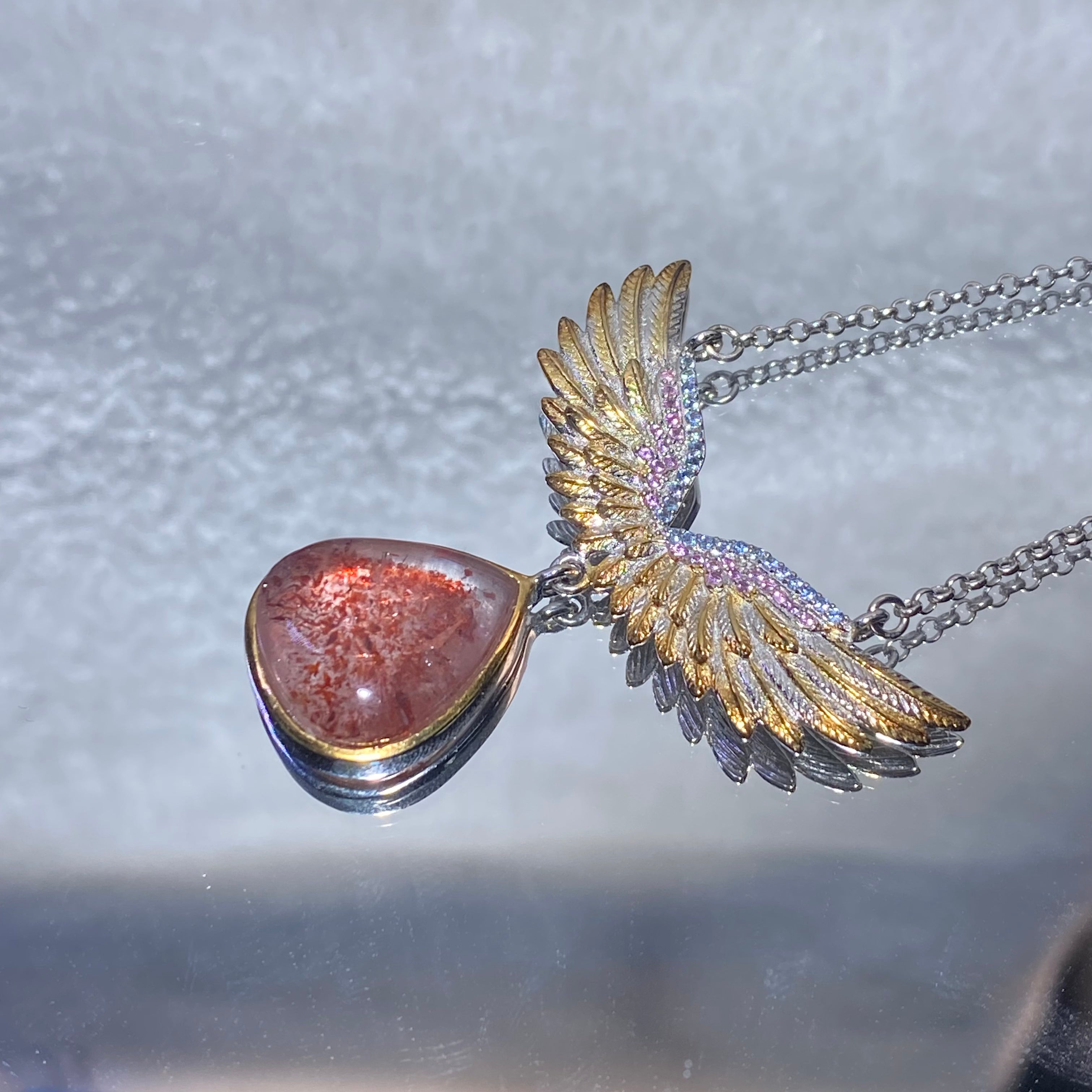Teardrop Natural Strawberry Quartz Angel Wing Two-Tone Adjustable Silver Pendant Necklace Glittery red strawberry crystal angel wing dainty romantic layering daily collarbone chain