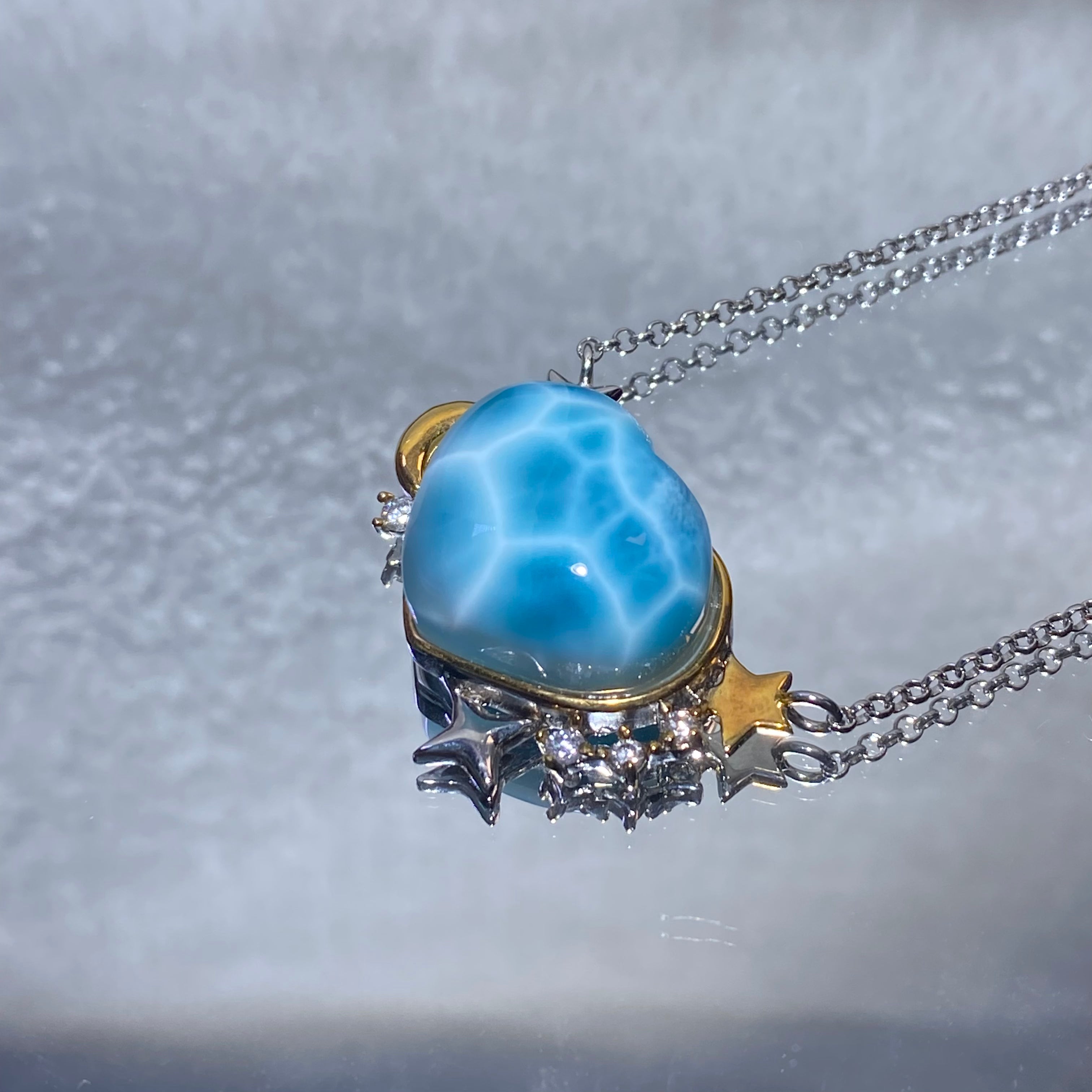 Heart Natural Blue Wave Larimar Moon & Star Two-Tone Adjustable Silver Pendant Necklace Dreamy ocean blue larimar celestial moon star dainty layering daily collarbone chain