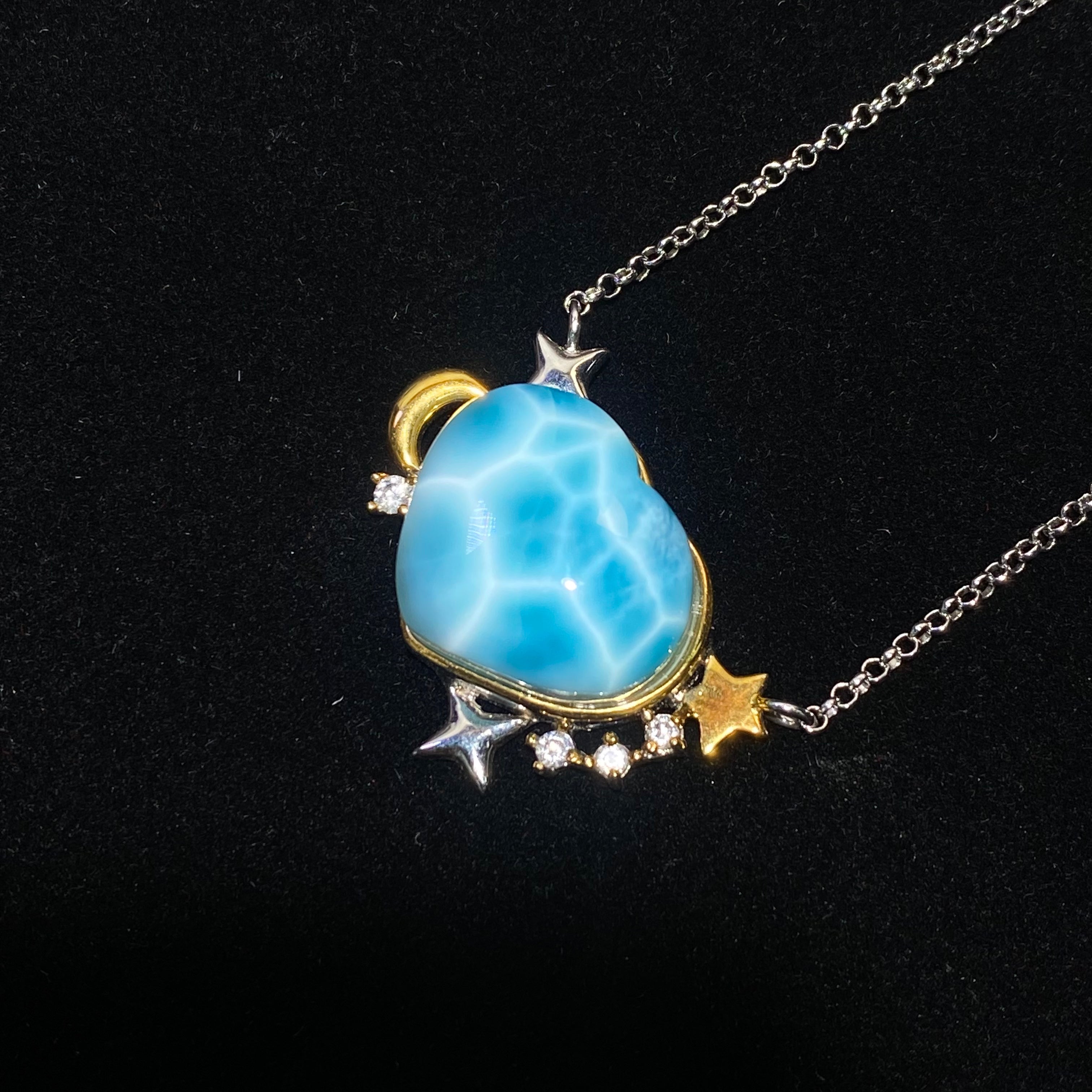 Heart Natural Blue Wave Larimar Moon & Star Two-Tone Adjustable Silver Pendant Necklace Dreamy ocean blue larimar celestial moon star dainty layering daily collarbone chain