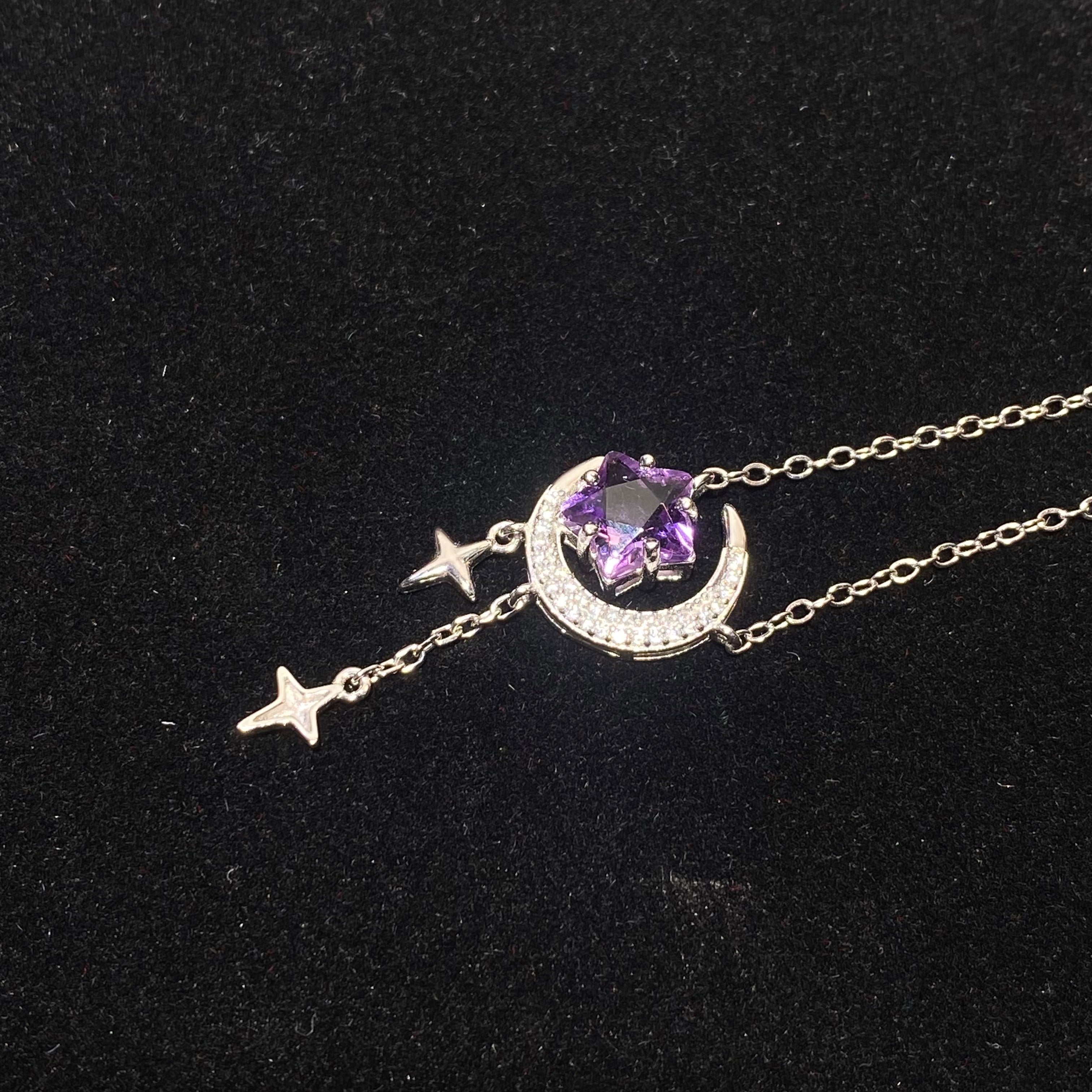 Star Cut Natural Lavender Amethyst Moon & Dual Star Y-Shape Tassel Adjustable Thin Silver Pendant Necklace Dreamy night sky celestial moon-star dainty layering daily collarbone chain