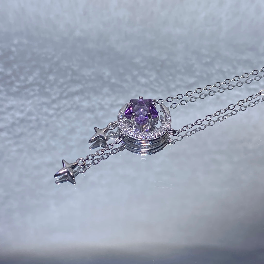 Star Cut Natural Lavender Amethyst Moon & Dual Star Y-Shape Tassel Adjustable Thin Silver Pendant Necklace Dreamy night sky celestial moon-star dainty layering daily collarbone chain