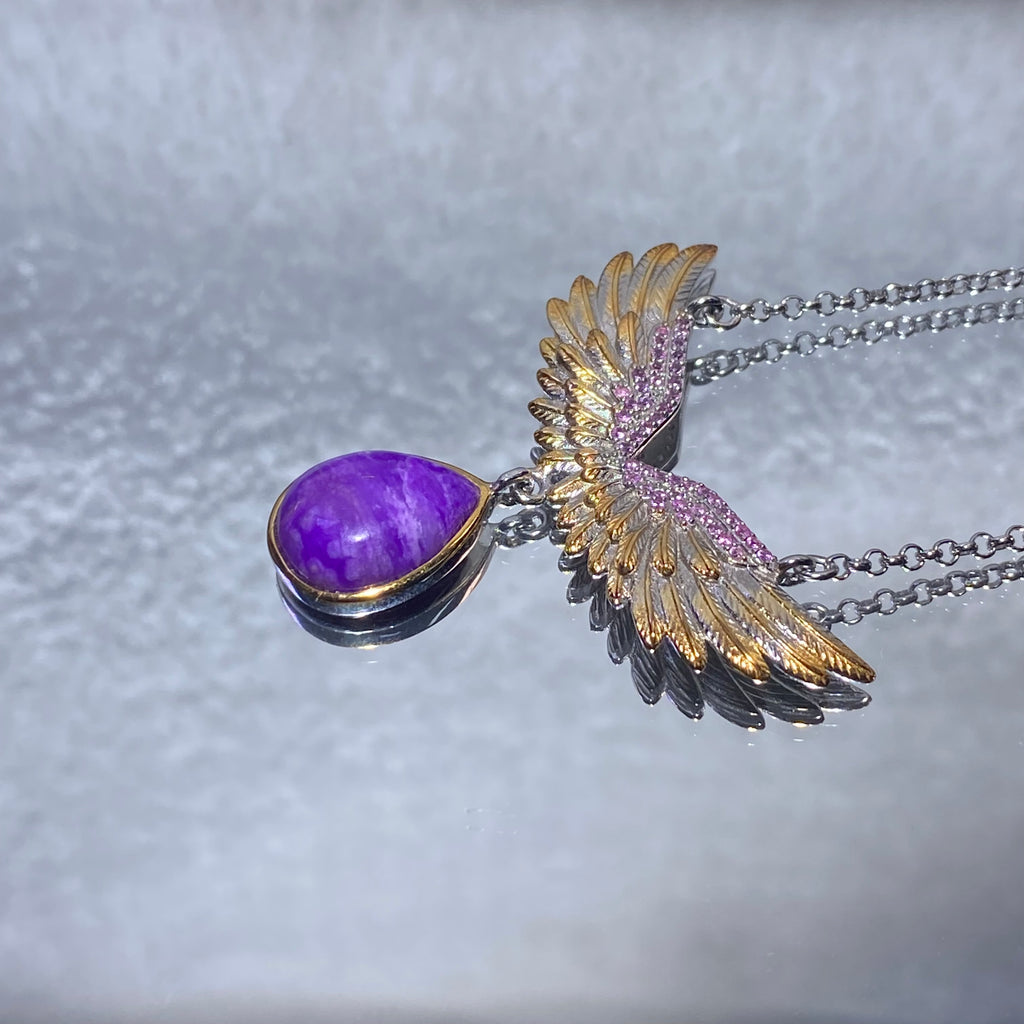 Teardrop Natural Royal Purple Sugilite Two-Tone Angel Wing Adjustable Thin Silver Pendant Necklace Vintage carved guardian angel wing calming sugilite dainty layering daily collarbone chain