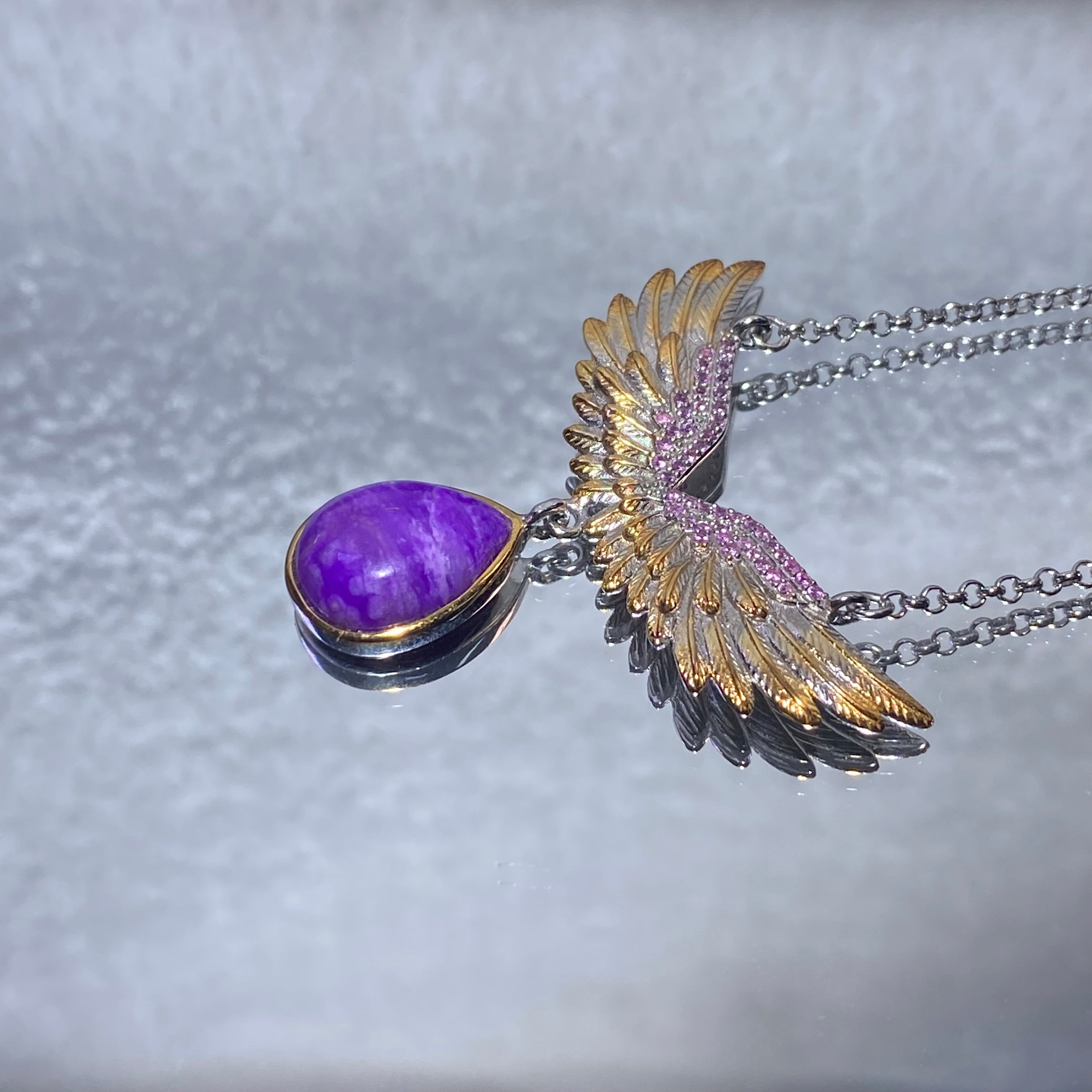 Teardrop Natural Royal Purple Sugilite Two-Tone Angel Wing Adjustable Thin Silver Pendant Necklace Vintage carved guardian angel wing calming sugilite dainty layering daily collarbone chain