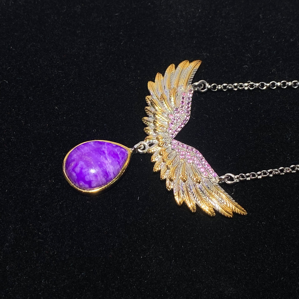 Teardrop Natural Royal Purple Sugilite Two-Tone Angel Wing Adjustable Thin Silver Pendant Necklace Vintage carved guardian angel wing calming sugilite dainty layering daily collarbone chain