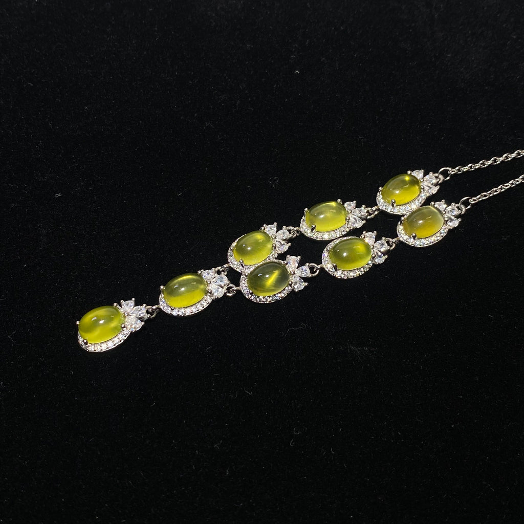 Oval Natural Warm Golden Prehnite Multi-Stone Cluster Drop Statement Silver Necklace Luxury glowing golden prehnite elegant formal banquet wedding daily collarbone chain