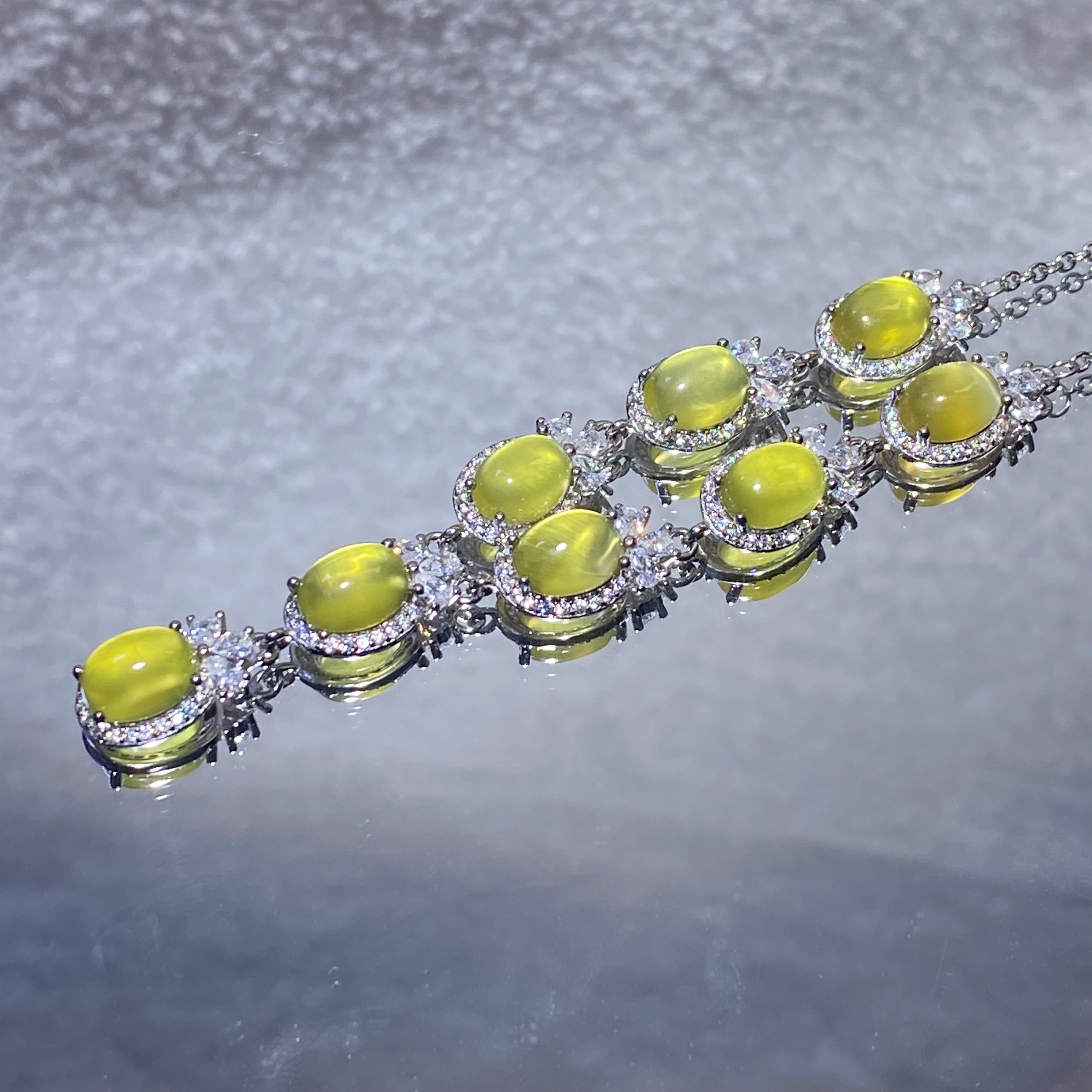 Oval Natural Warm Golden Prehnite Multi-Stone Cluster Drop Statement Silver Necklace Luxury glowing golden prehnite elegant formal banquet wedding daily collarbone chain