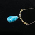 Teardrop Natural Ocean Blue Larimar & Oval Warm Golden Prehnite V-Shape Adjustable Thin Silver Pendant Necklace