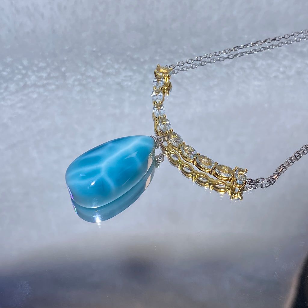 Teardrop Natural Ocean Blue Larimar & Oval Warm Golden Prehnite V-Shape Adjustable Thin Silver Pendant Necklace