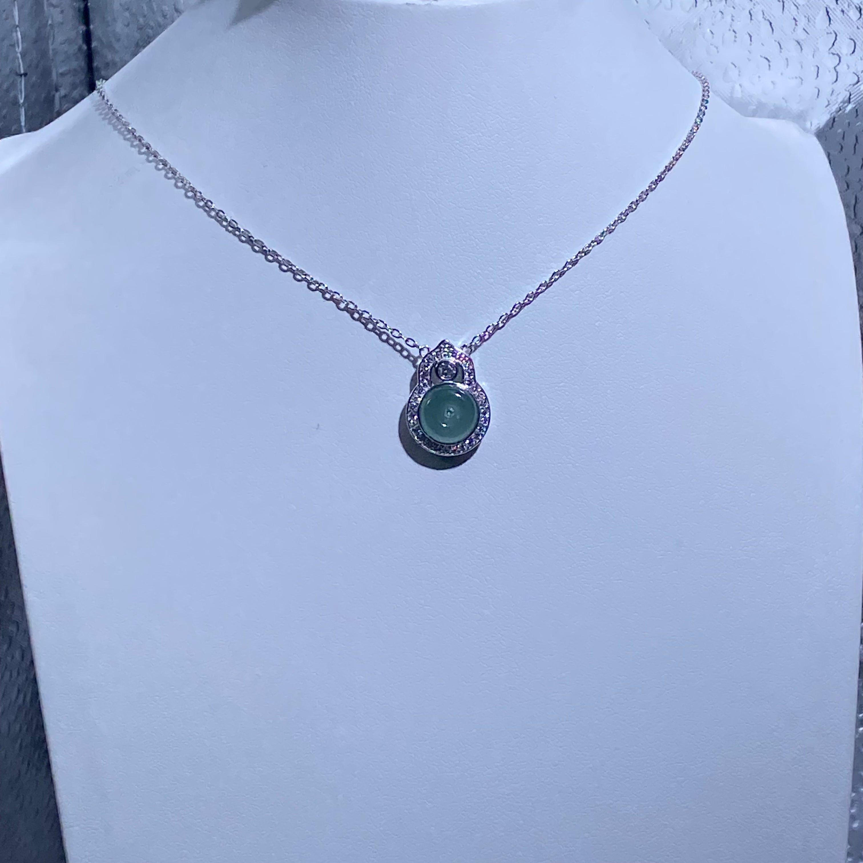 Round Natural Green Jadeite Halo Moissanite Adjustable Thin Silver Pendant Necklace Soft translucent green jade surrounded by sparkling moissanite dainty elegant daily layering chain