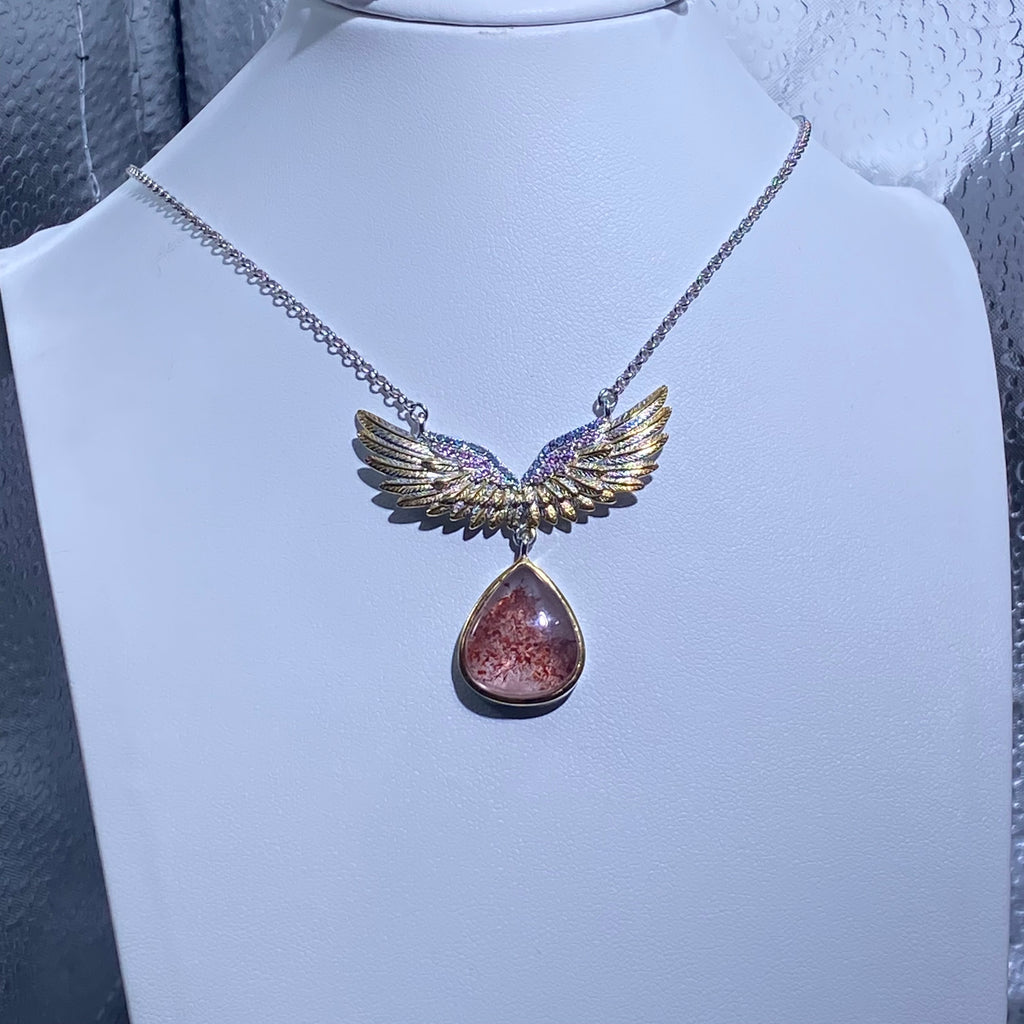 Teardrop Natural Strawberry Quartz Angel Wing Two-Tone Adjustable Silver Pendant Necklace Glittery red strawberry crystal angel wing dainty romantic layering daily collarbone chain