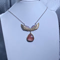Teardrop Natural Strawberry Quartz Angel Wing Two-Tone Adjustable Silver Pendant Necklace Glittery red strawberry crystal angel wing dainty romantic layering daily collarbone chain