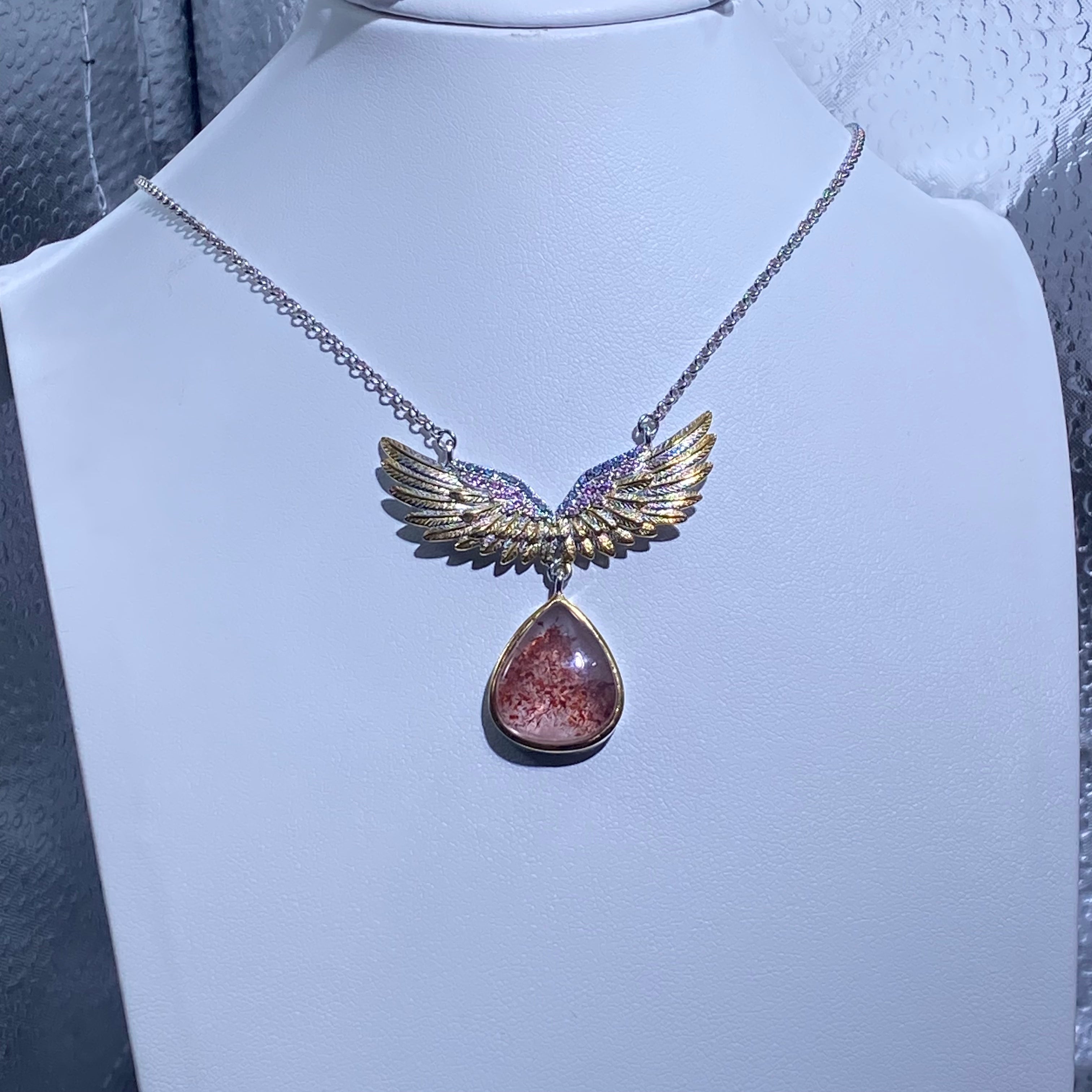 Teardrop Natural Strawberry Quartz Angel Wing Two-Tone Adjustable Silver Pendant Necklace Glittery red strawberry crystal angel wing dainty romantic layering daily collarbone chain