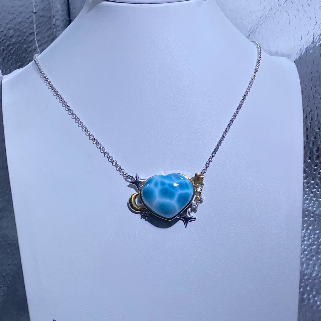 Heart Natural Blue Wave Larimar Moon & Star Two-Tone Adjustable Silver Pendant Necklace Dreamy ocean blue larimar celestial moon star dainty layering daily collarbone chain