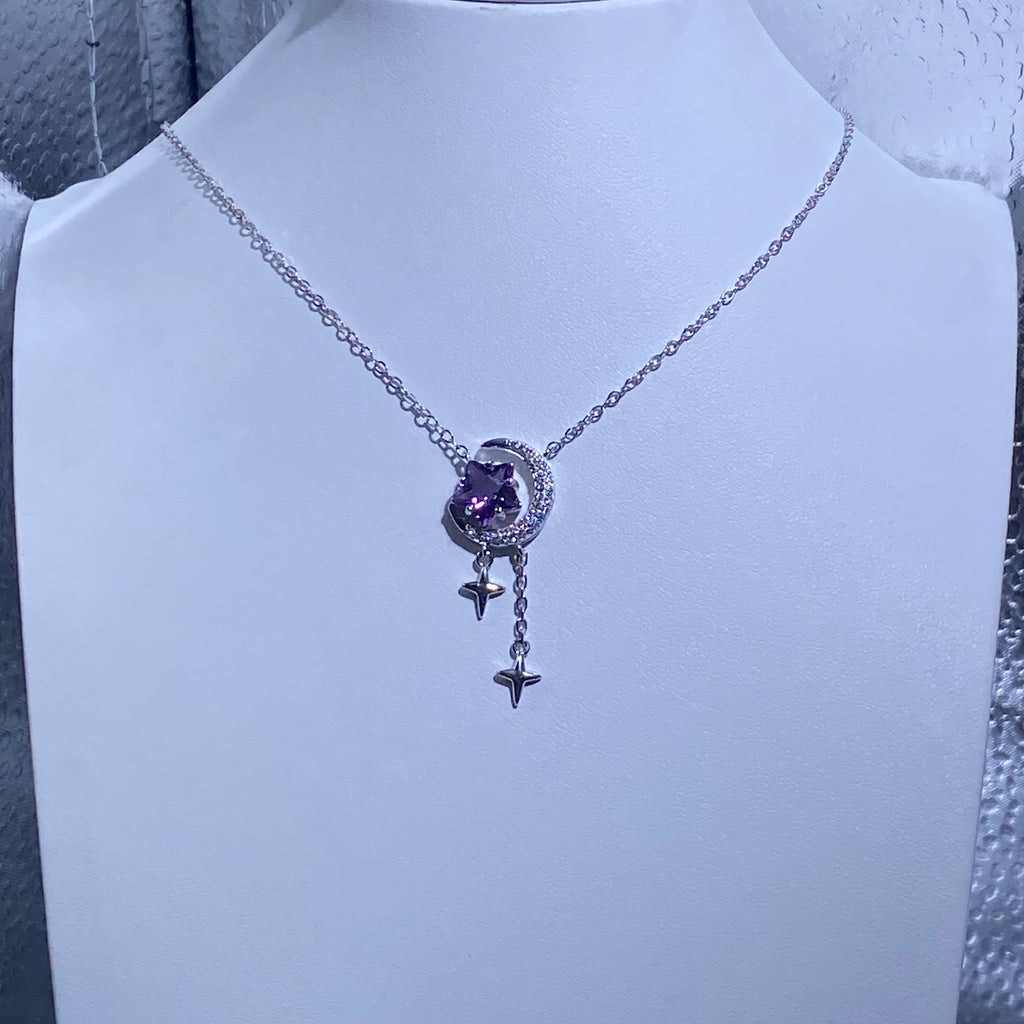 Star Cut Natural Lavender Amethyst Moon & Dual Star Y-Shape Tassel Adjustable Thin Silver Pendant Necklace Dreamy night sky celestial moon-star dainty layering daily collarbone chain