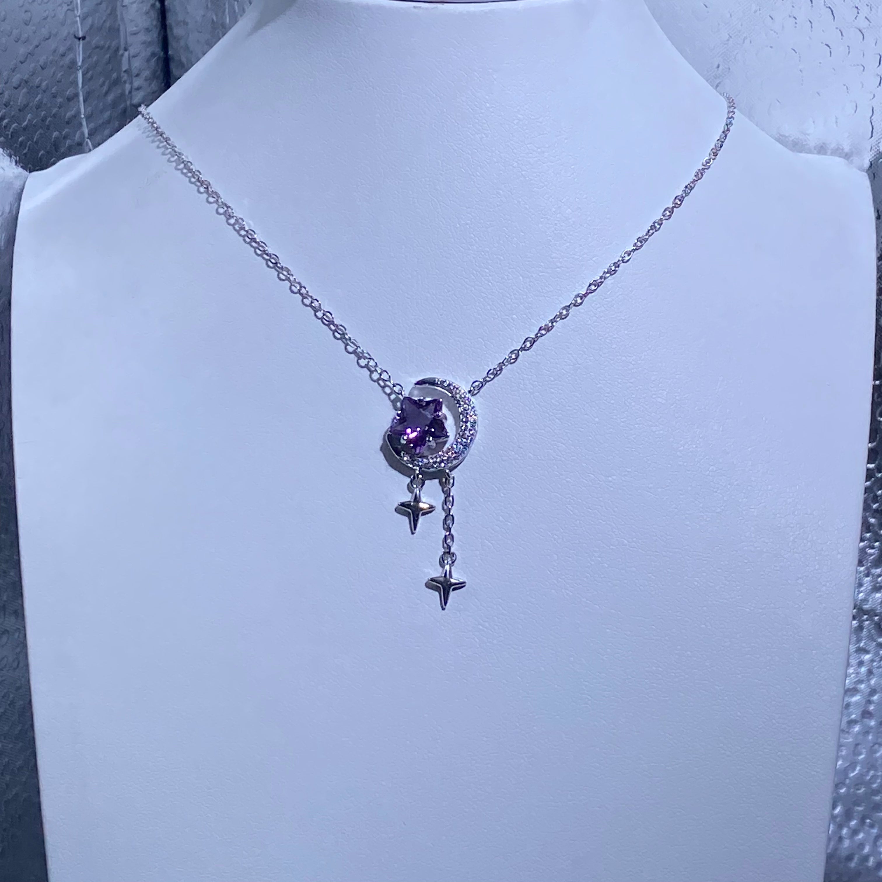 Star Cut Natural Lavender Amethyst Moon & Dual Star Y-Shape Tassel Adjustable Thin Silver Pendant Necklace Dreamy night sky celestial moon-star dainty layering daily collarbone chain