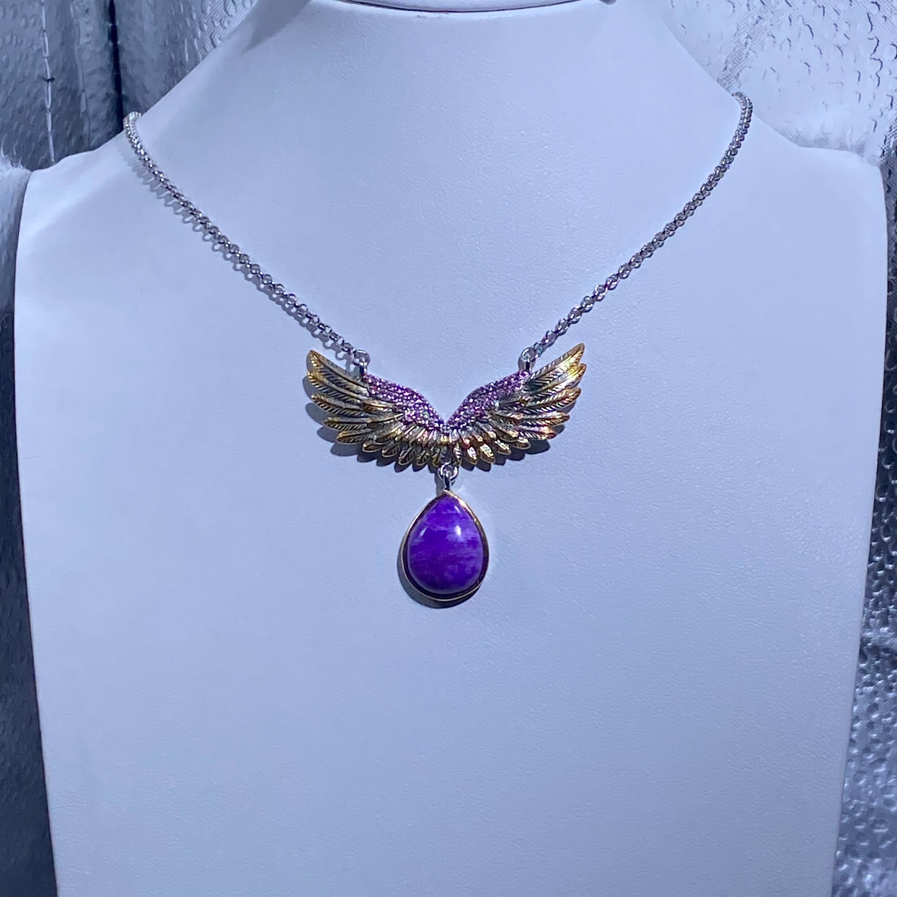 Teardrop Natural Royal Purple Sugilite Two-Tone Angel Wing Adjustable Thin Silver Pendant Necklace Vintage carved guardian angel wing calming sugilite dainty layering daily collarbone chain