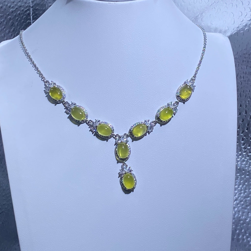 Oval Natural Warm Golden Prehnite Multi-Stone Cluster Drop Statement Silver Necklace Luxury glowing golden prehnite elegant formal banquet wedding daily collarbone chain