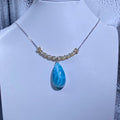Teardrop Natural Ocean Blue Larimar & Oval Warm Golden Prehnite V-Shape Adjustable Thin Silver Pendant Necklace