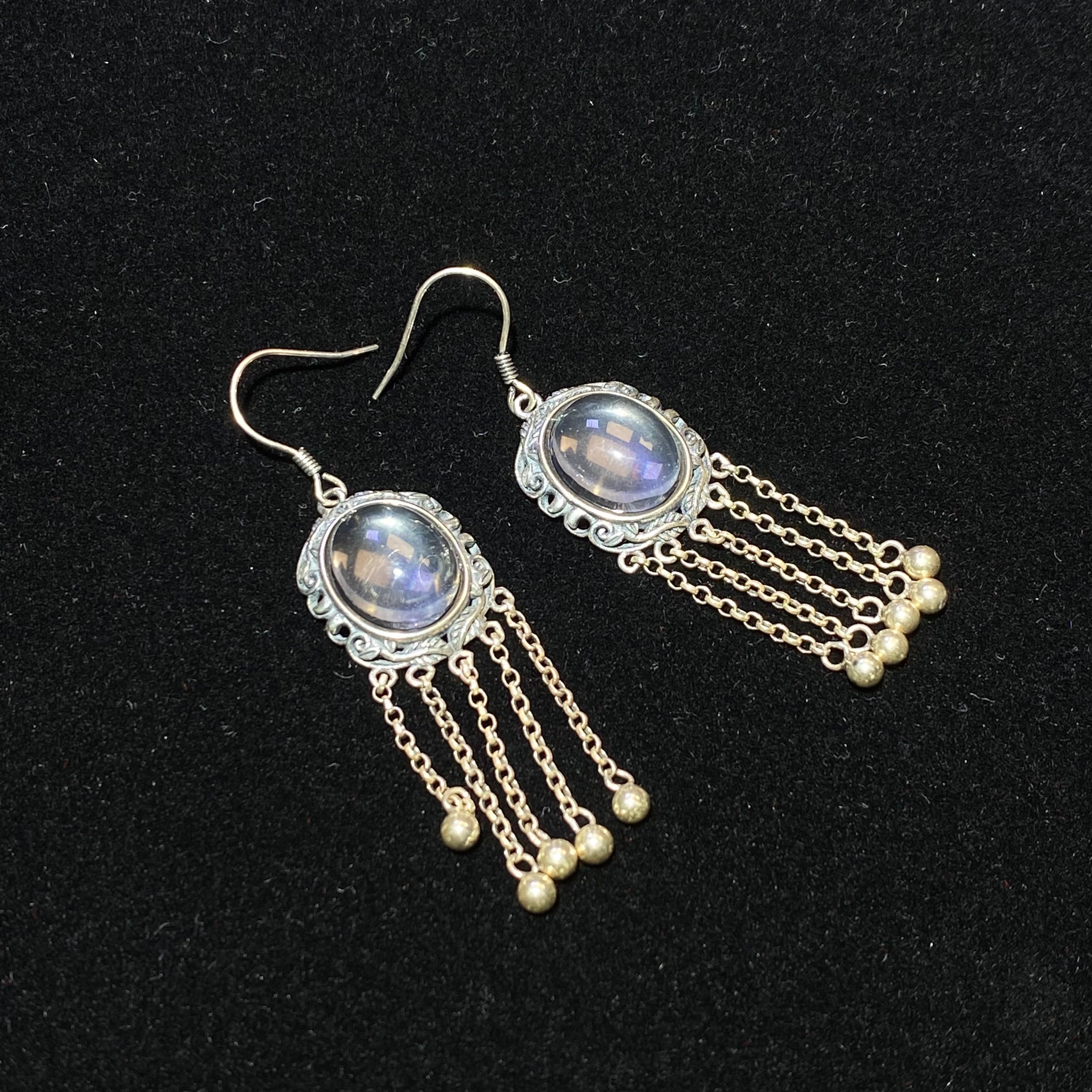 Large Smooth Natural Clear Quartz Round Cabochon Bezel Wrapped Multi Thin Chain Tassel Drop Hook Earrings Silver Plated Airy Purifying Master Healer Crystal Dangle Earrings