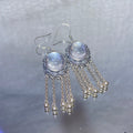 Large Smooth Natural Clear Quartz Round Cabochon Bezel Wrapped Multi Thin Chain Tassel Drop Hook Earrings Silver Plated Airy Purifying Master Healer Crystal Dangle Earrings