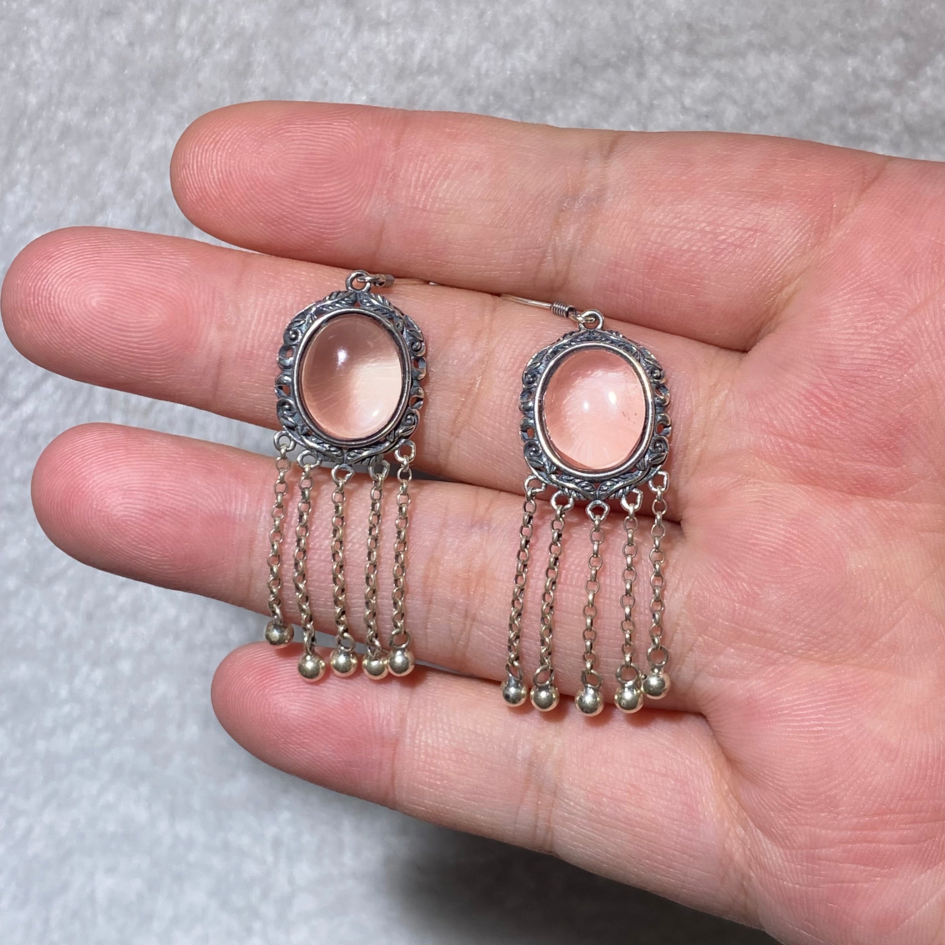 Large Smooth Natural Clear Quartz Round Cabochon Bezel Wrapped Multi Thin Chain Tassel Drop Hook Earrings Silver Plated Airy Purifying Master Healer Crystal Dangle Earrings