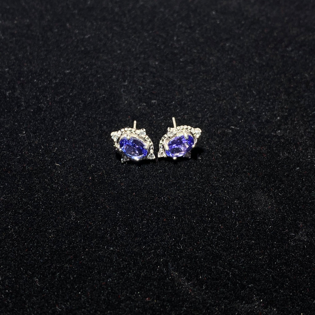 Oval Natural Violet-Blue Tanzanite Micro Pave Zircon Halo Stud Earrings Elegant twilight gem lightweight hypoallergenic daily & formal silver earrings