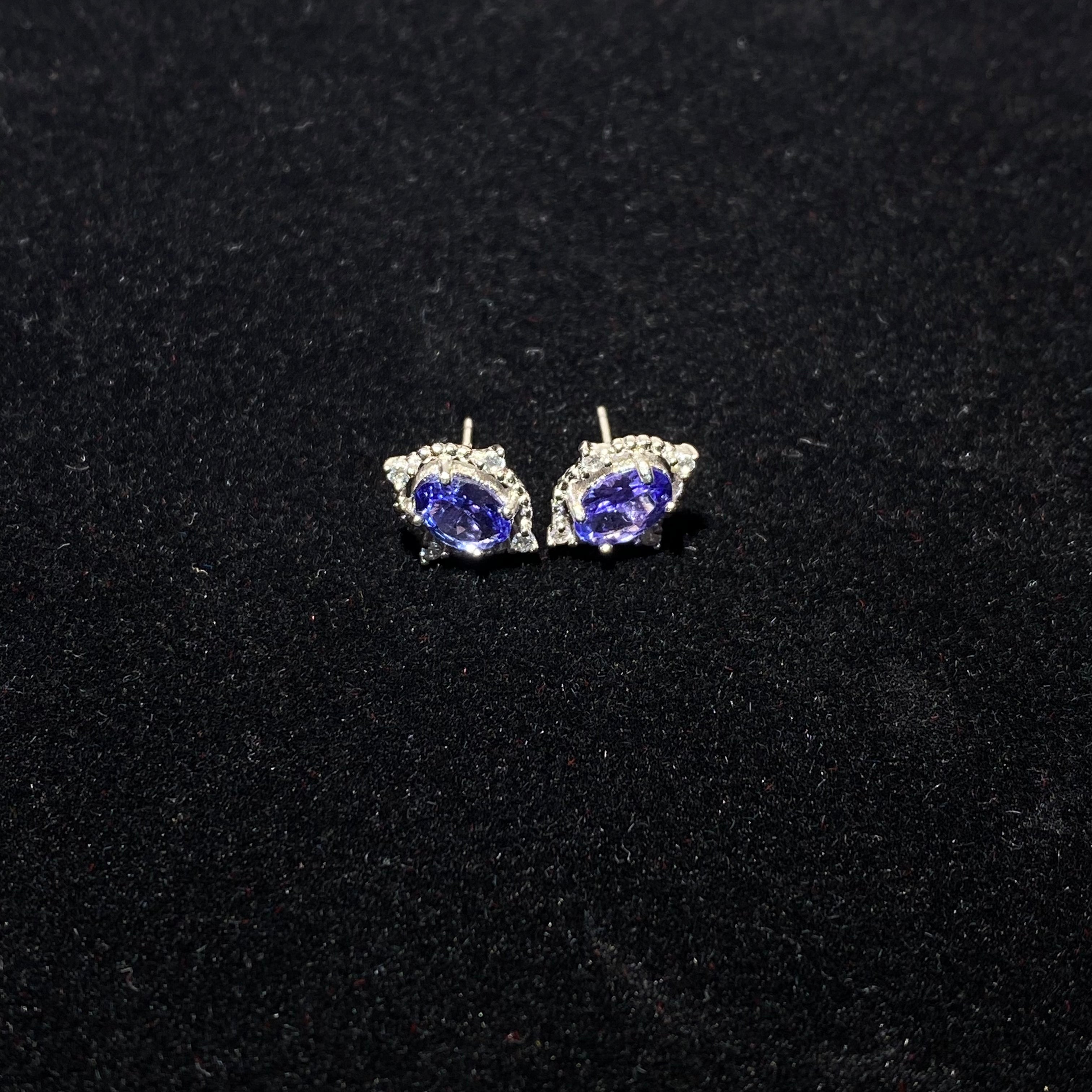 Oval Natural Violet-Blue Tanzanite Micro Pave Zircon Halo Stud Earrings Elegant twilight gem lightweight hypoallergenic daily & formal silver earrings