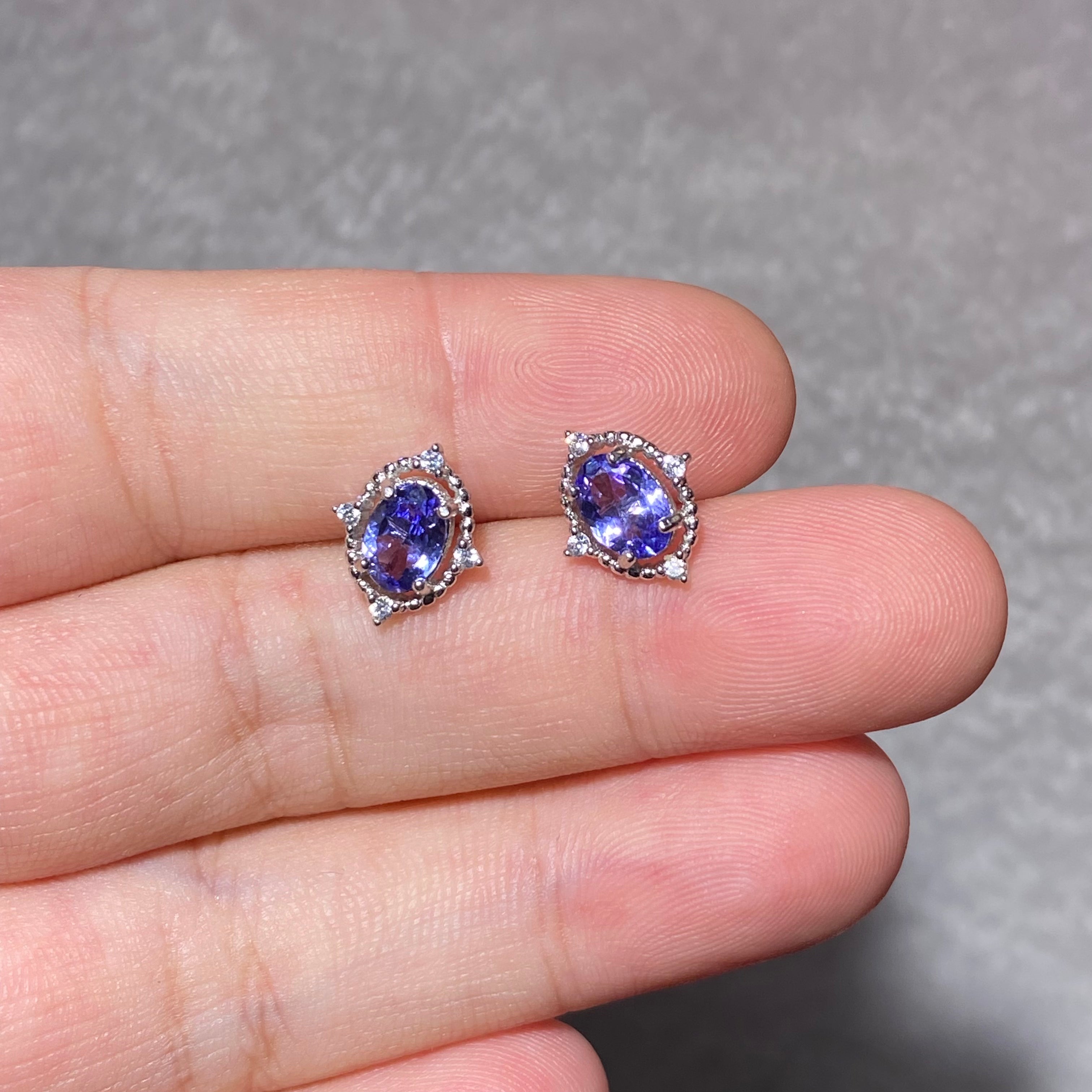 Oval Natural Violet-Blue Tanzanite Micro Pave Zircon Halo Stud Earrings Elegant twilight gem lightweight hypoallergenic daily & formal silver earrings