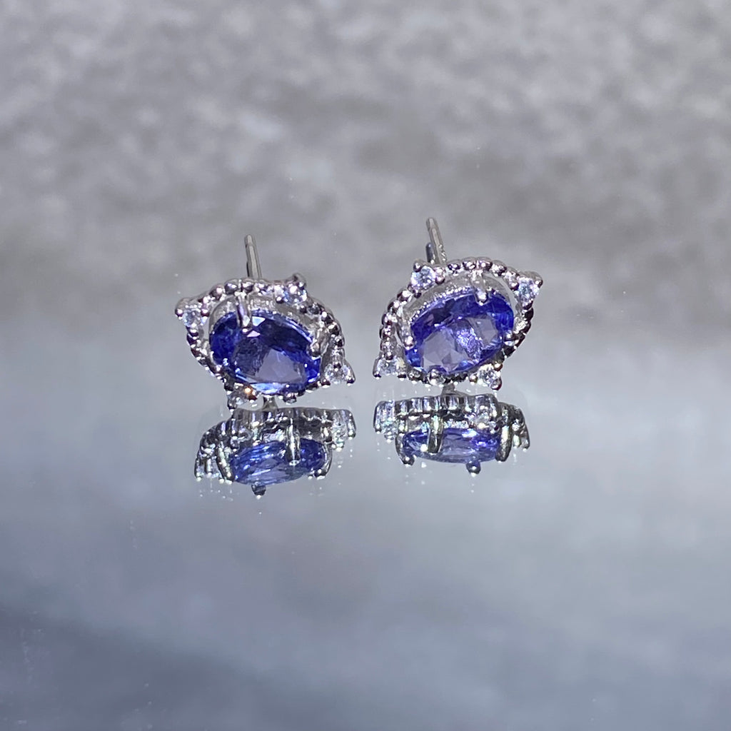 Oval Natural Violet-Blue Tanzanite Micro Pave Zircon Halo Stud Earrings Elegant twilight gem lightweight hypoallergenic daily & formal silver earrings
