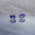 Oval Natural Violet-Blue Tanzanite Micro Pave Zircon Halo Stud Earrings Elegant twilight gem lightweight hypoallergenic daily & formal silver earrings