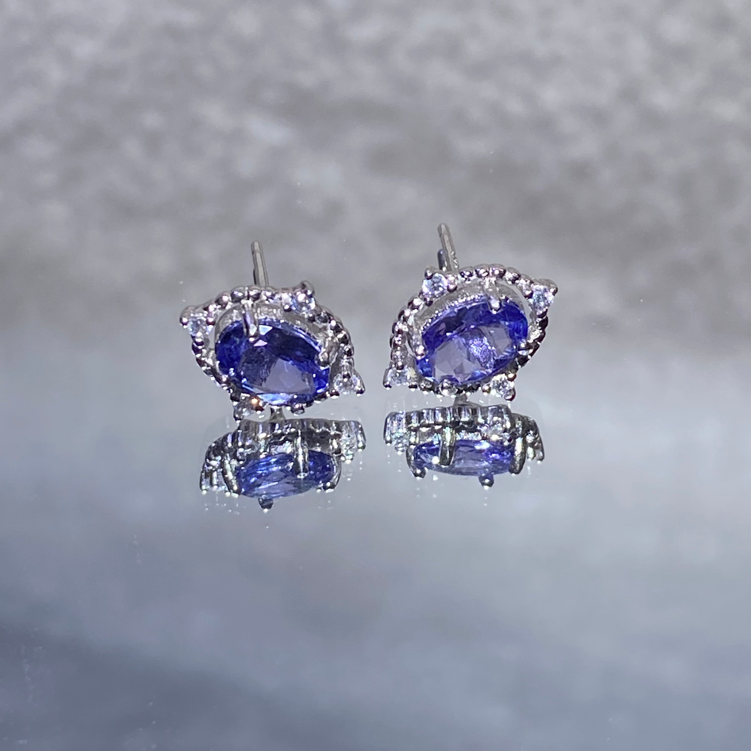 Oval Natural Violet-Blue Tanzanite Micro Pave Zircon Halo Stud Earrings Elegant twilight gem lightweight hypoallergenic daily & formal silver earrings