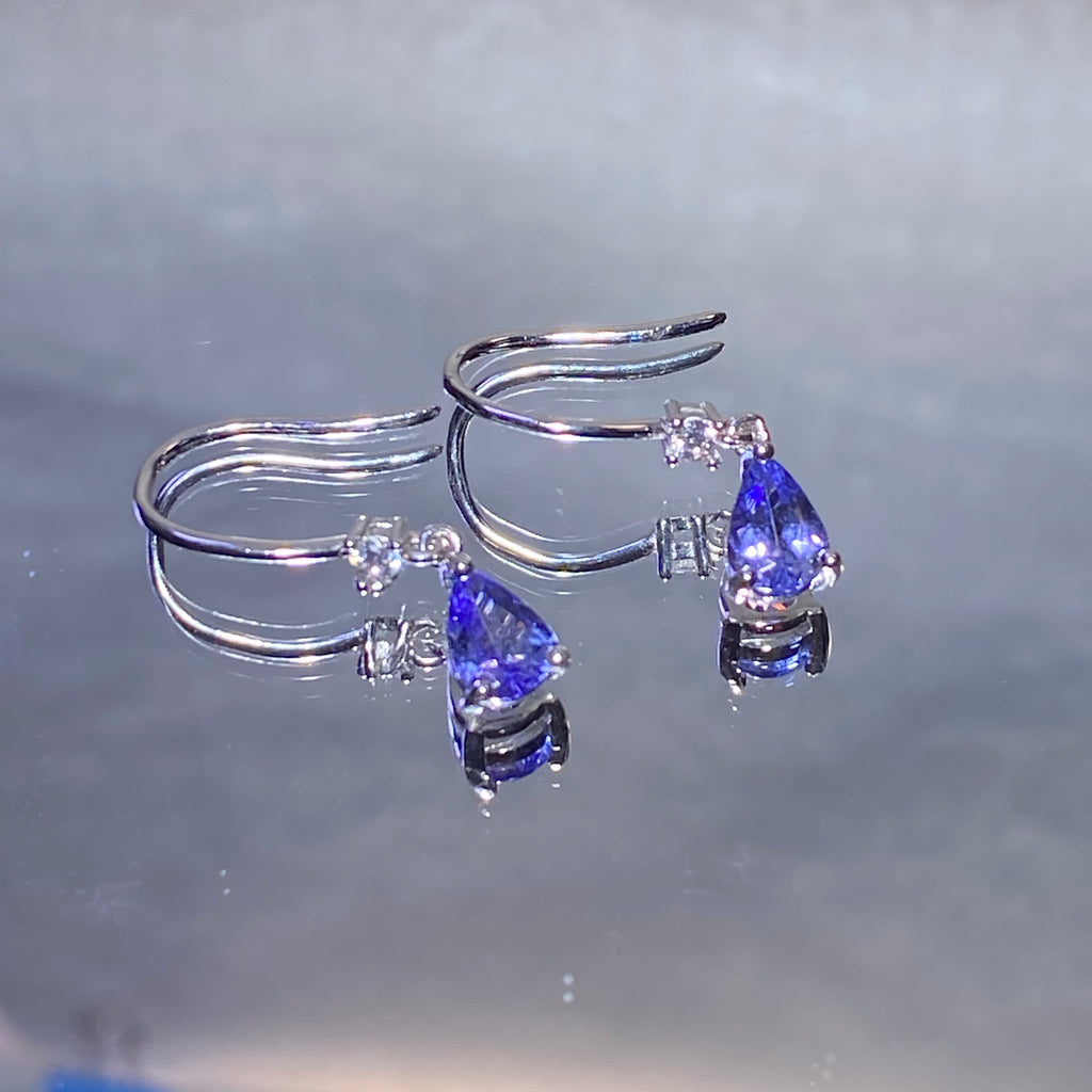 Teardrop Natural Twilight Violet-Blue Tanzanite Curved Hook Drop Dangle Silver Earrings Fluid lightweight dangling design, daily & formal versatile hypoallergenic gem earrings
