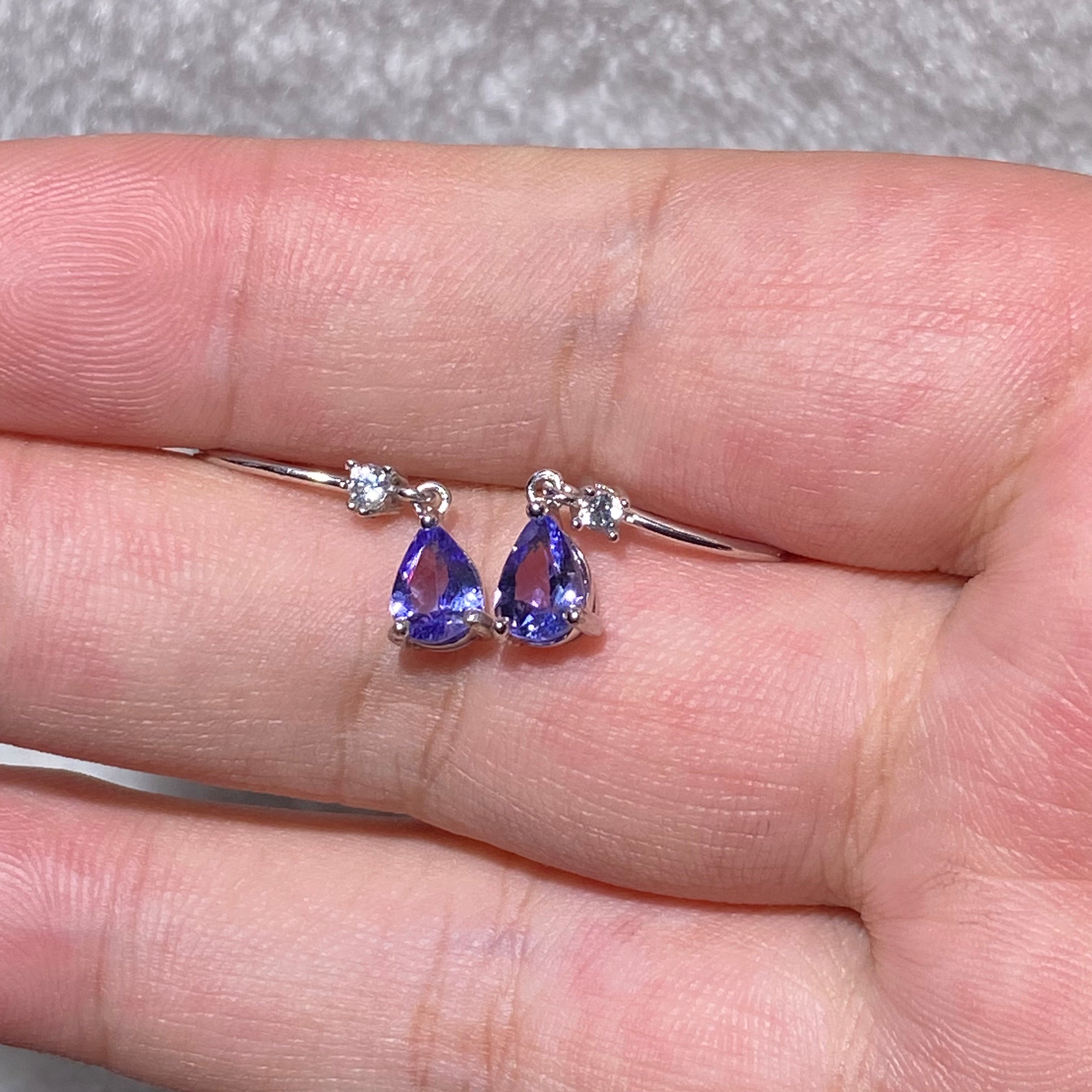 Teardrop Natural Twilight Violet-Blue Tanzanite Curved Hook Drop Dangle Silver Earrings Fluid lightweight dangling design, daily & formal versatile hypoallergenic gem earrings