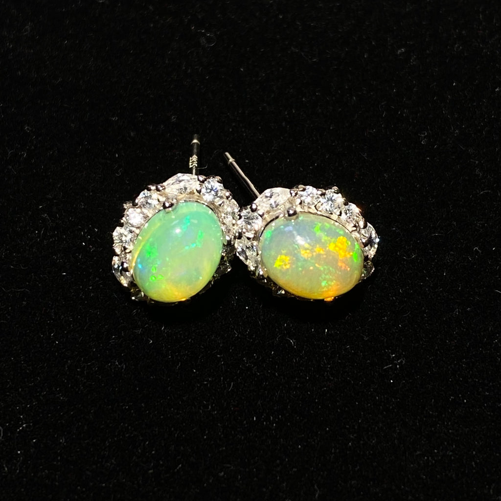 Oval Natural Rainbow Play-of-Color Ethiopian Opal Micro Pave Zircon Halo Stud Earrings Dreamy iridescent lightweight hypoallergenic daily & formal silver earrings