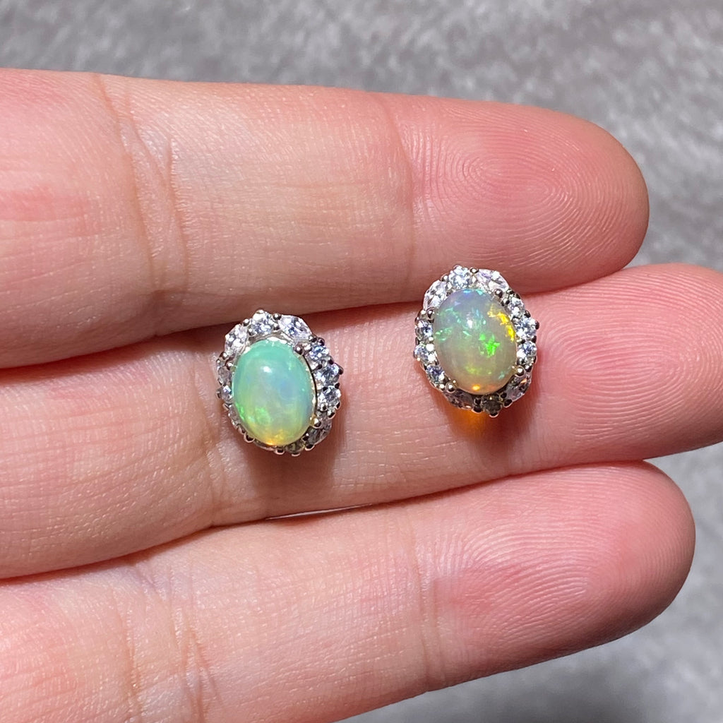 Oval Natural Rainbow Play-of-Color Ethiopian Opal Micro Pave Zircon Halo Stud Earrings Dreamy iridescent lightweight hypoallergenic daily & formal silver earrings