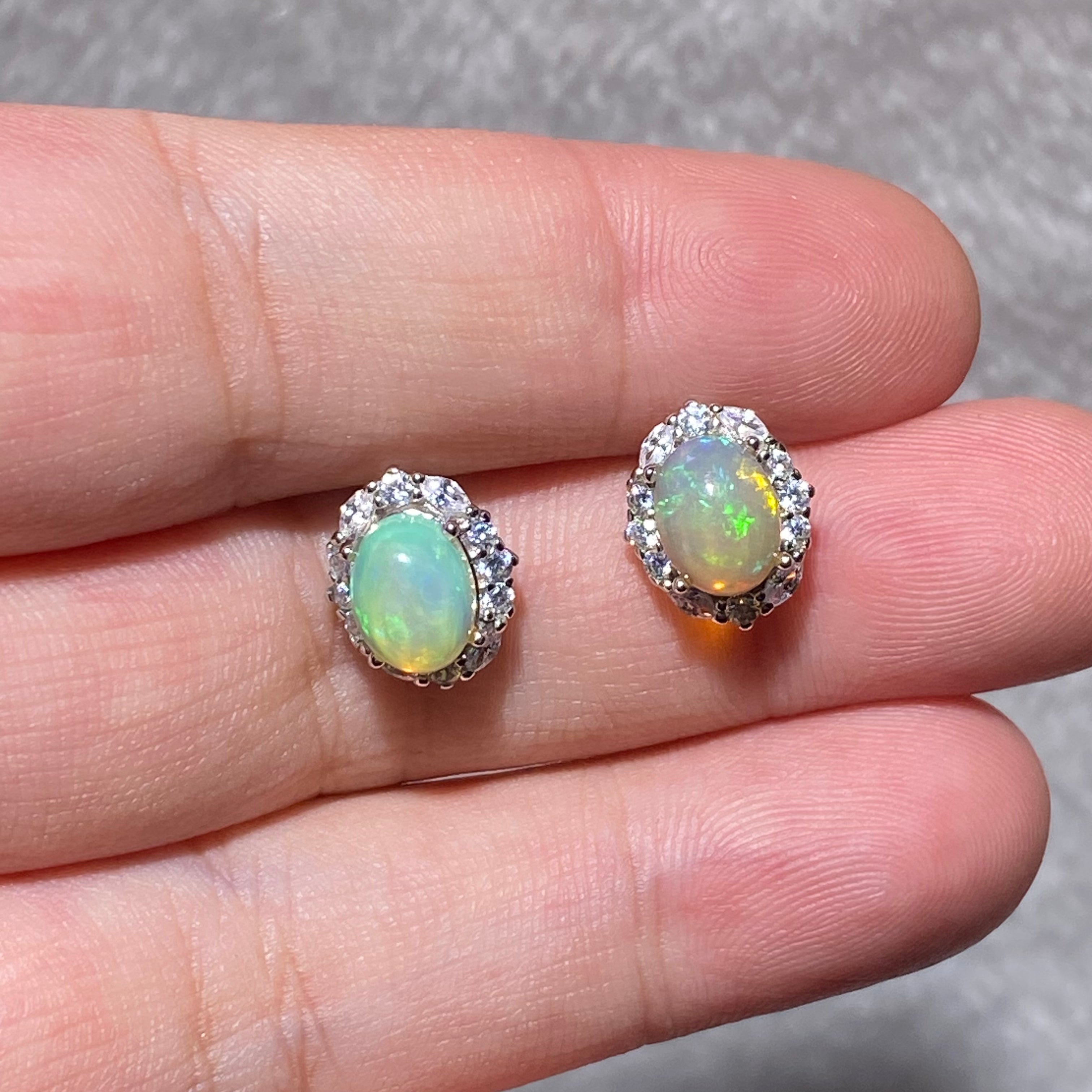 Oval Natural Rainbow Play-of-Color Ethiopian Opal Micro Pave Zircon Halo Stud Earrings Dreamy iridescent lightweight hypoallergenic daily & formal silver earrings