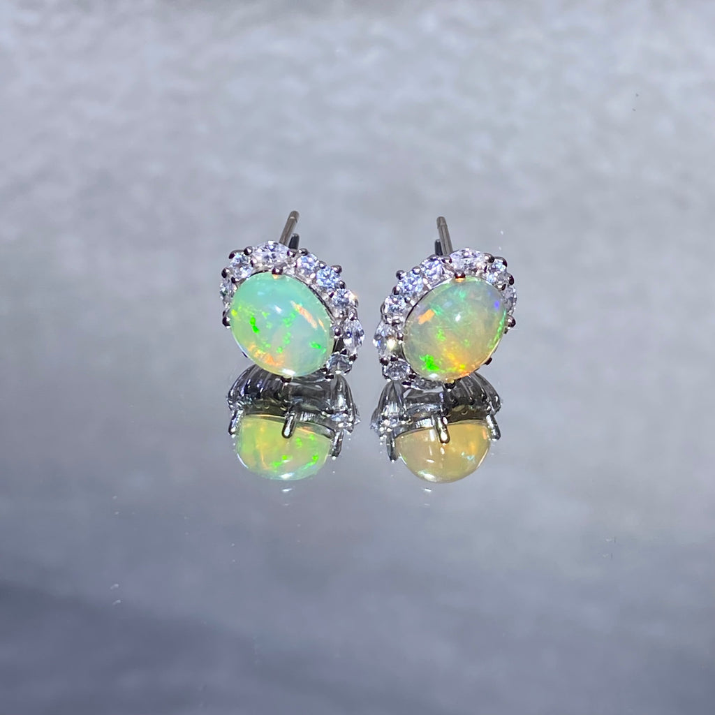 Oval Natural Rainbow Play-of-Color Ethiopian Opal Micro Pave Zircon Halo Stud Earrings Dreamy iridescent lightweight hypoallergenic daily & formal silver earrings