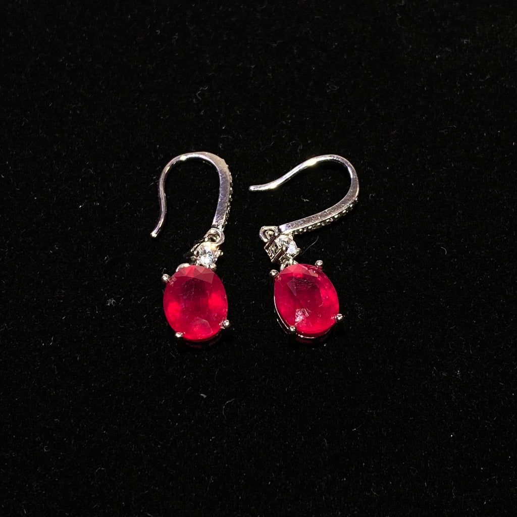 Oval Teardrop Lab Created Vivid Red Ruby Drop Hook Earrings With Pave Set Clear White Crystals Solid S925 Sterling Silver Elegant Passion Romantic Dangle Earrings