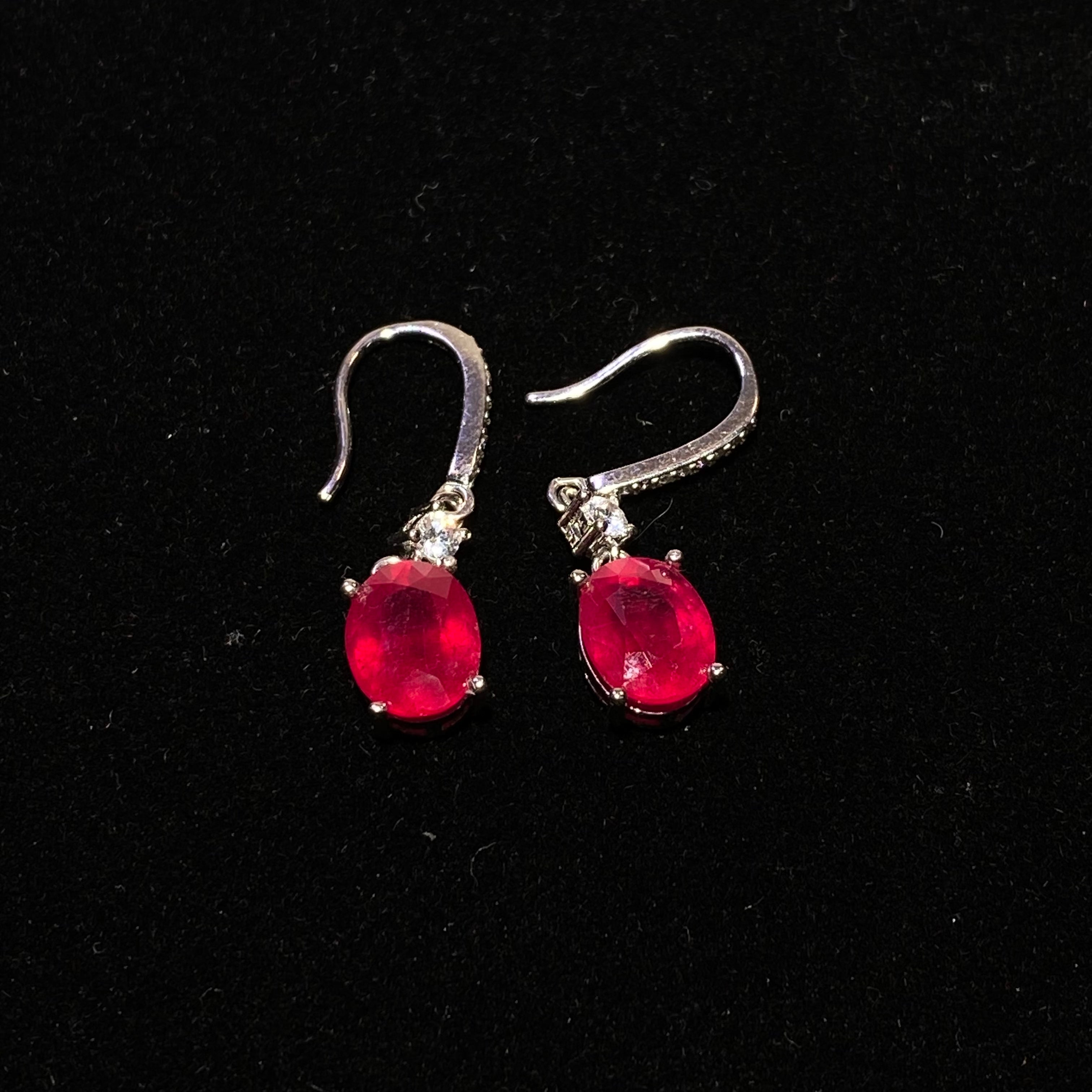Oval Teardrop Lab Created Vivid Red Ruby Drop Hook Earrings With Pave Set Clear White Crystals Solid S925 Sterling Silver Elegant Passion Romantic Dangle Earrings