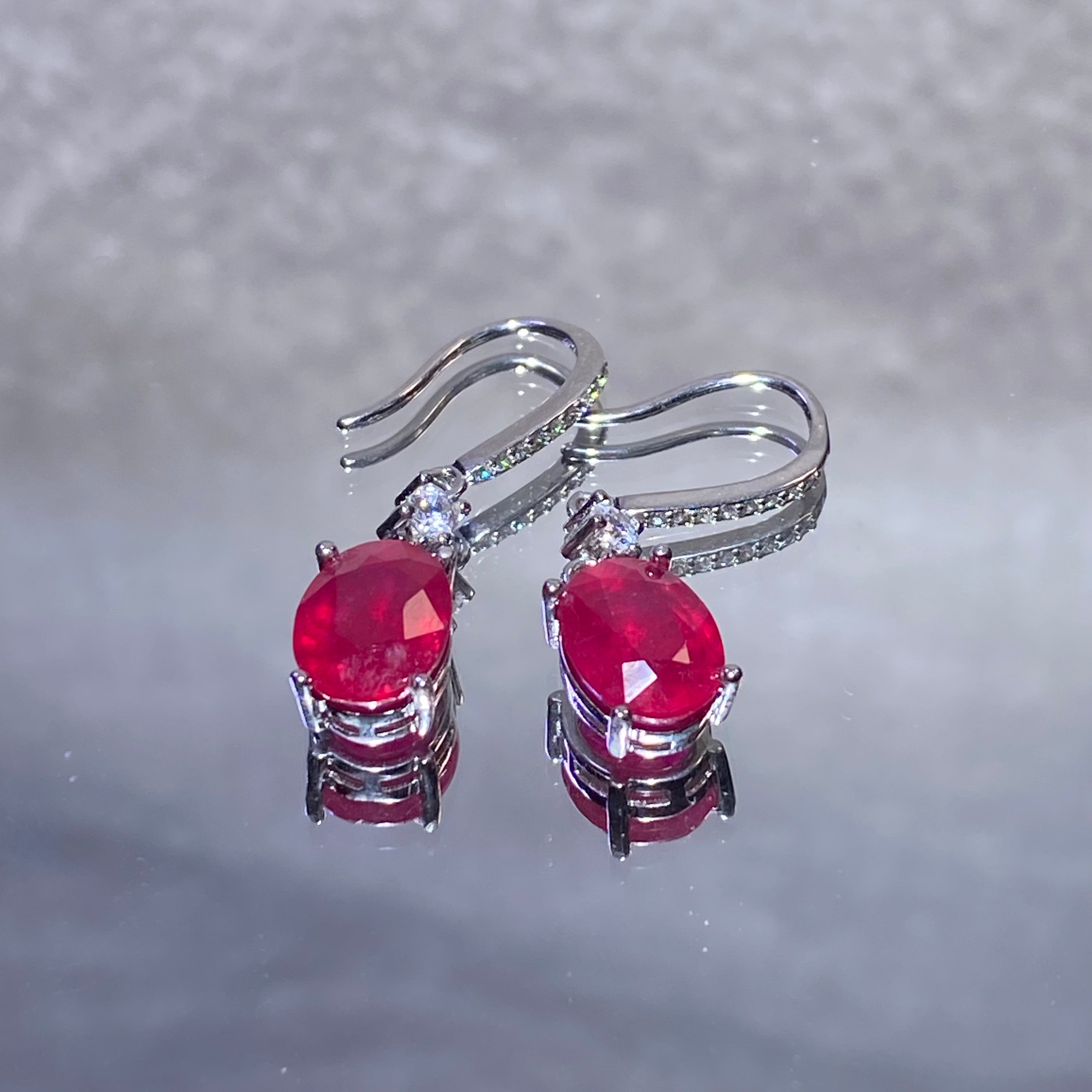 Oval Teardrop Lab Created Vivid Red Ruby Drop Hook Earrings With Pave Set Clear White Crystals Solid S925 Sterling Silver Elegant Passion Romantic Dangle Earrings