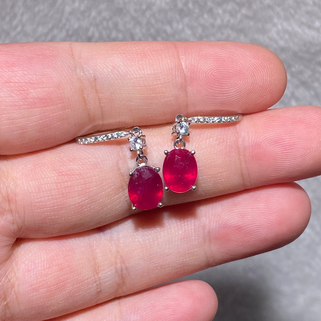 Oval Teardrop Lab Created Vivid Red Ruby Drop Hook Earrings With Pave Set Clear White Crystals Solid S925 Sterling Silver Elegant Passion Romantic Dangle Earrings