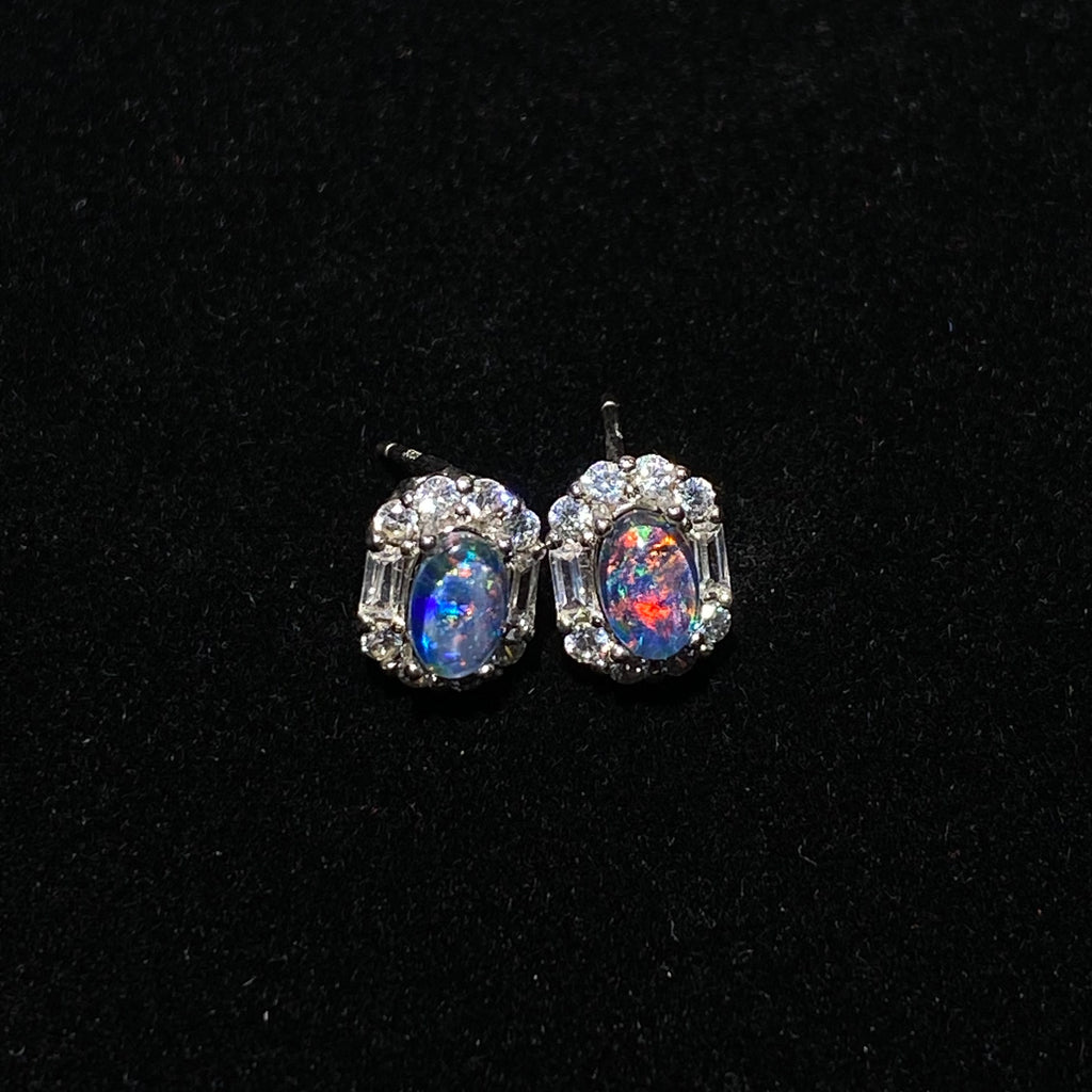 Blue Multi-Color Flash Black Opal Vintage Lace Micro Pave Zircon Halo Stud Earrings Mystical shifting iridescent lightweight hypoallergenic daily & formal silver earrings
