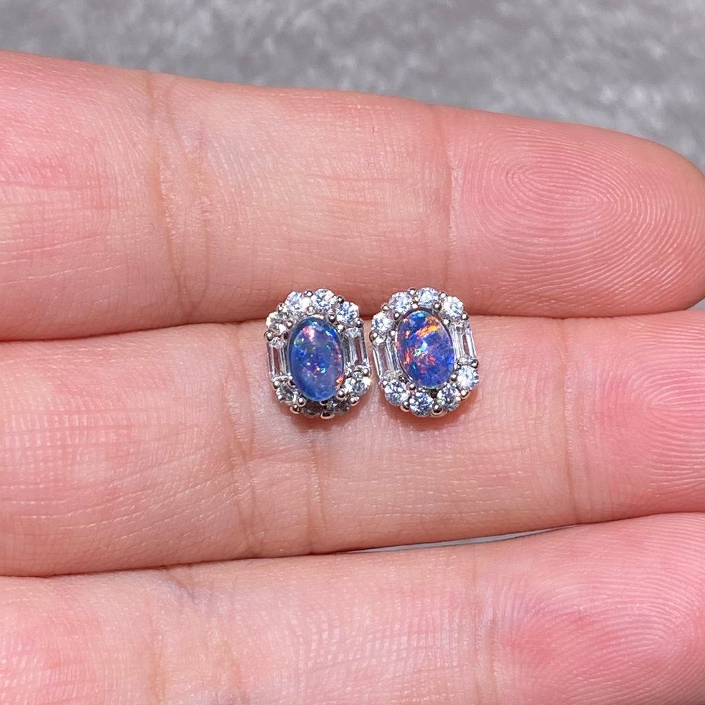 Blue Multi-Color Flash Black Opal Vintage Lace Micro Pave Zircon Halo Stud Earrings Mystical shifting iridescent lightweight hypoallergenic daily & formal silver earrings