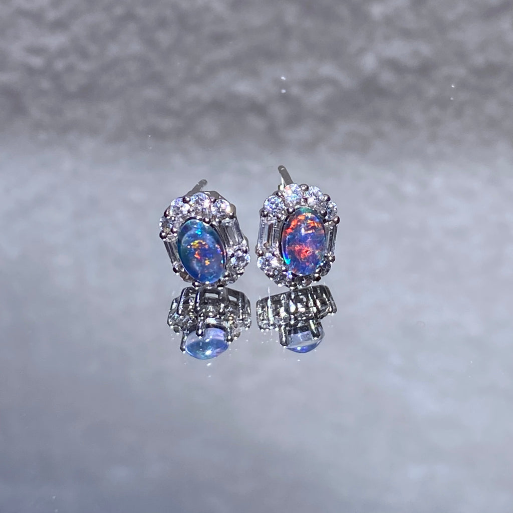 Blue Multi-Color Flash Black Opal Vintage Lace Micro Pave Zircon Halo Stud Earrings Mystical shifting iridescent lightweight hypoallergenic daily & formal silver earrings