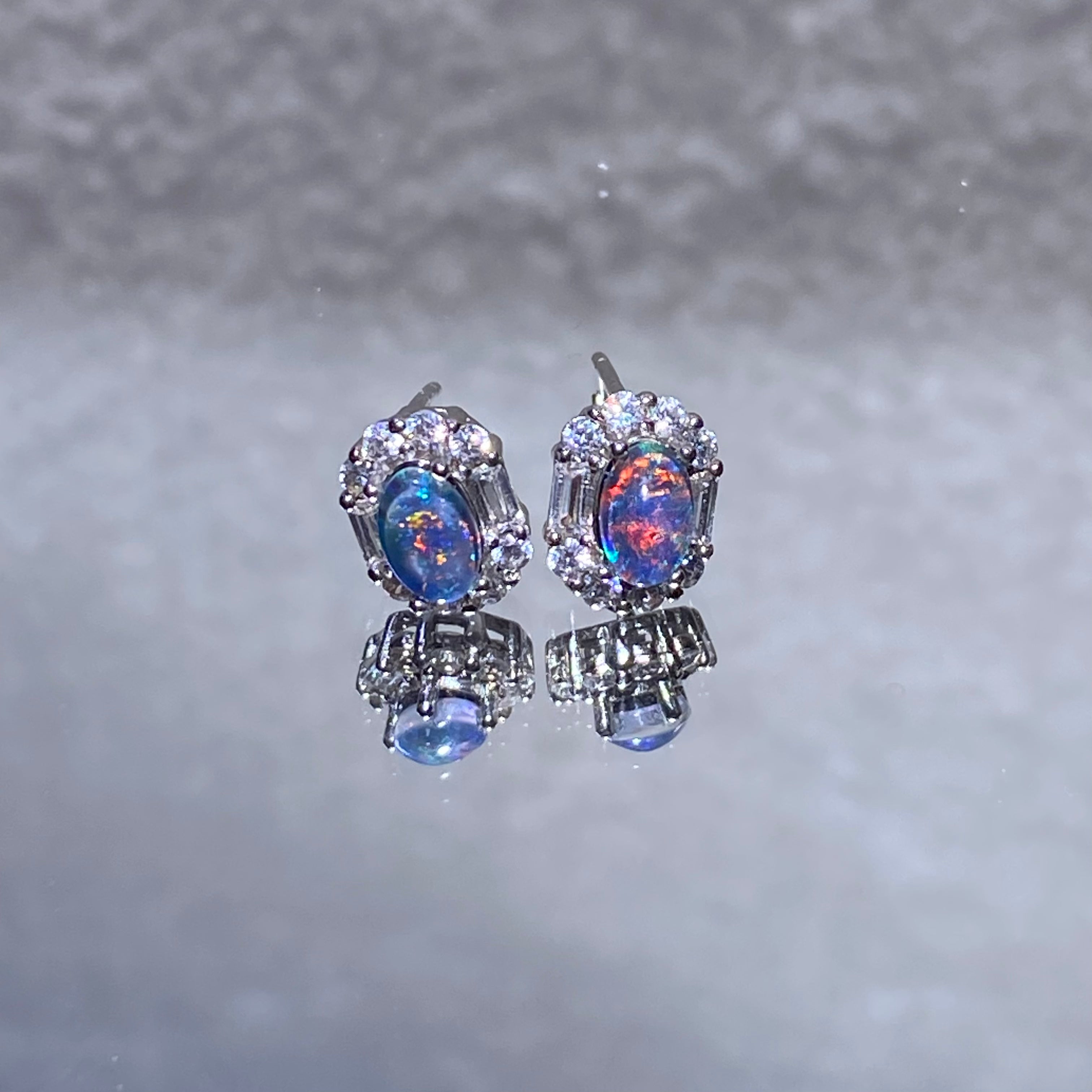 Blue Multi-Color Flash Black Opal Vintage Lace Micro Pave Zircon Halo Stud Earrings Mystical shifting iridescent lightweight hypoallergenic daily & formal silver earrings