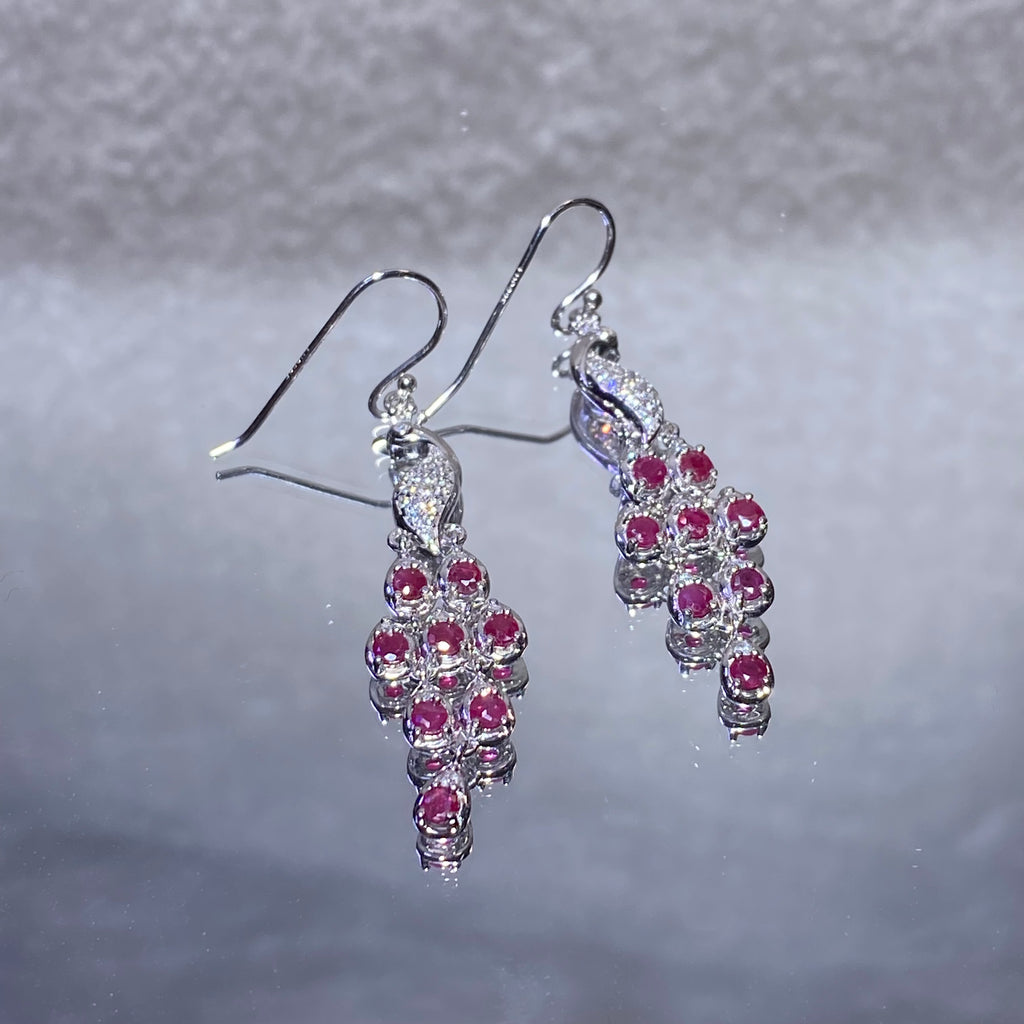 Gradient Vivid Red Lab Created Ruby Grape Cluster Long Drop Hook Earrings Fully Paved With Clear Shining Crystals Solid S925 Sterling Silver Elegant Romantic Fruition Dangle Earrings